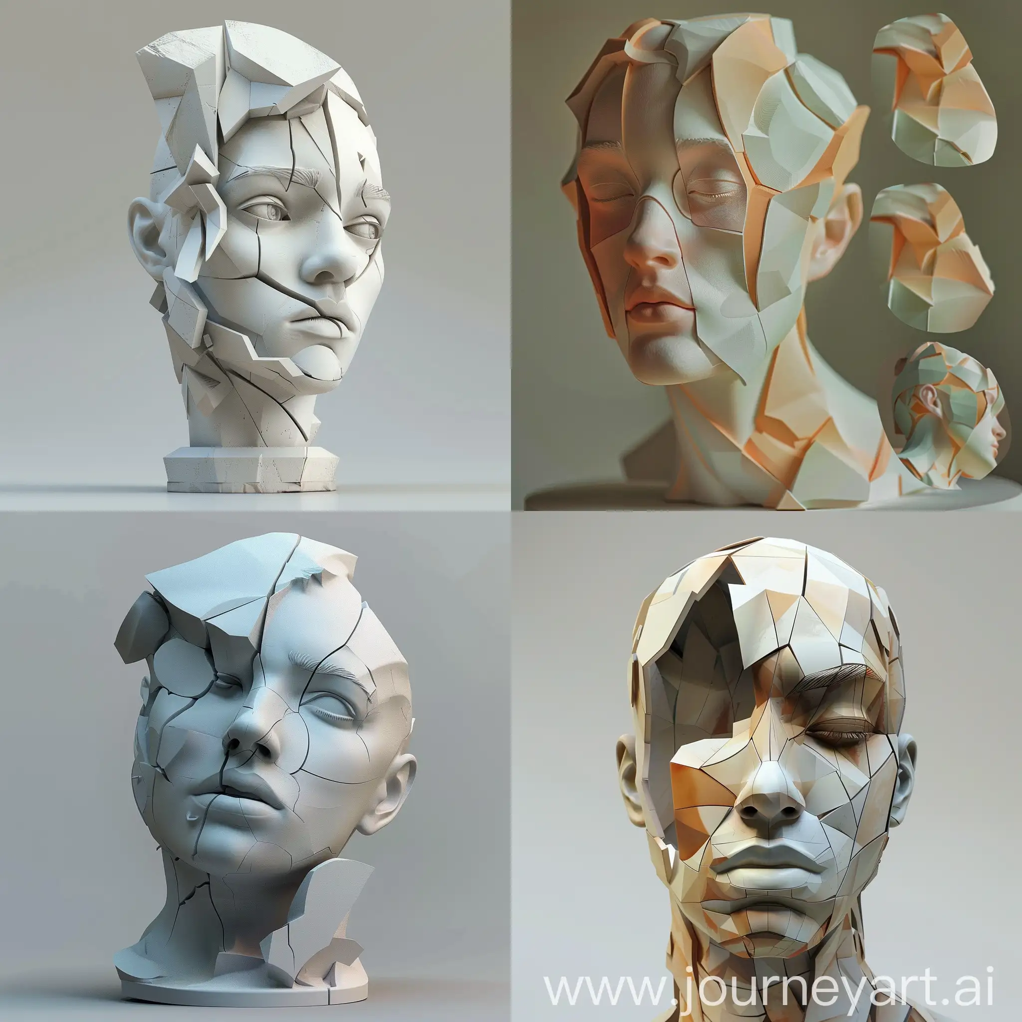 Design a basic shape portrait sculpture by Alexander Archipenko  and Januz Miralles use various expression means and methods such as base, overlap, cutting, destruction, dislocation, symmetry, rotation, repetition, gradient, etc. to redesign the basic shape of the selected shape. It can be colored