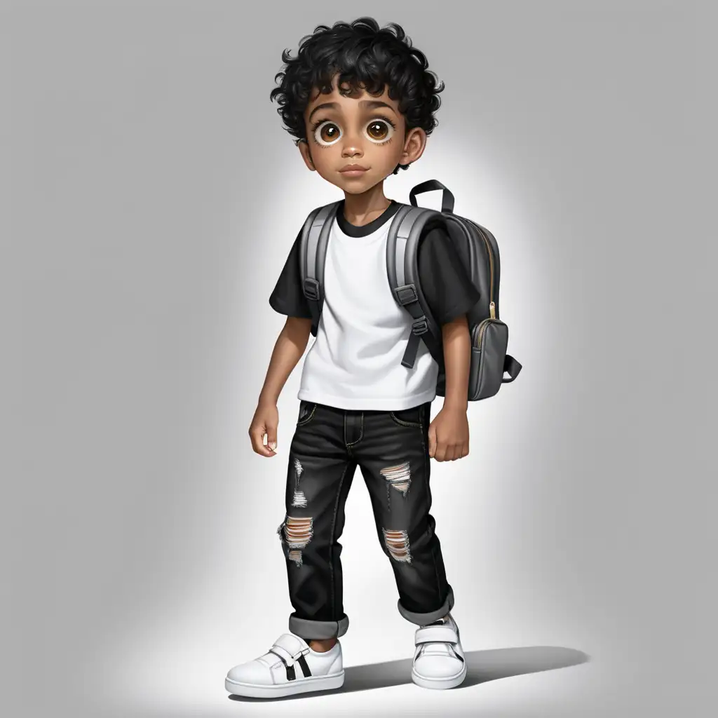 Little black school aged boy with big brown eyes low haircut wearing black distressed jeans and a white shirt and white shoes and backpack