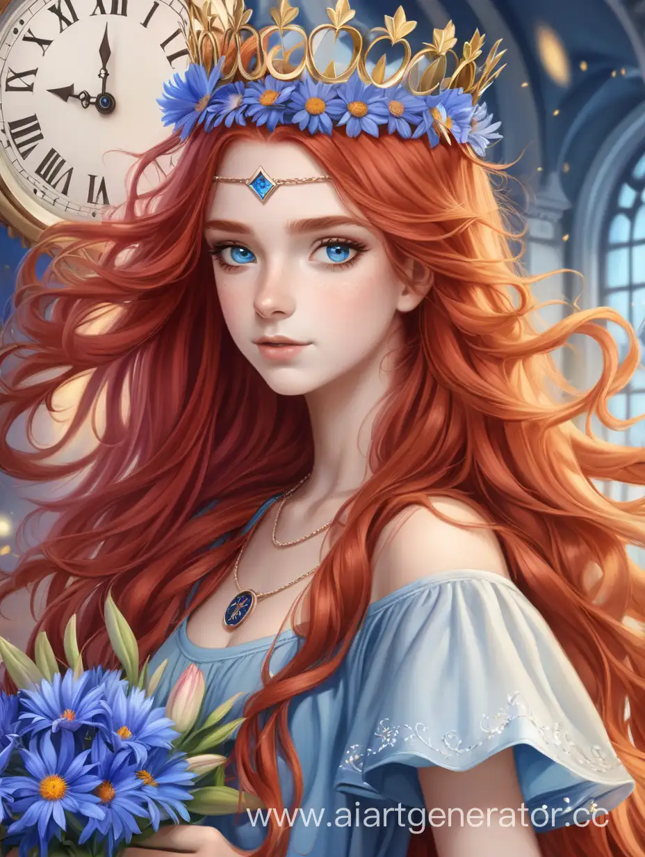 An 18-year-old girl with long red hair and cornflower blue eyes with a bouquet of flowers and a crown
around the clock, hands, magic and a beautiful female background