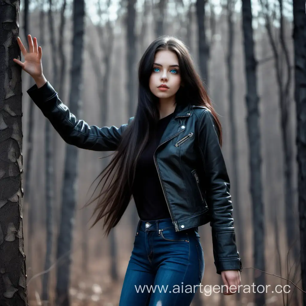 Девушка с наивными голубыми и добрыми глазами и вьющимися длинными тёмными волосами волнами спадающими в лесу в чёрной кожаной куртке и джинсах