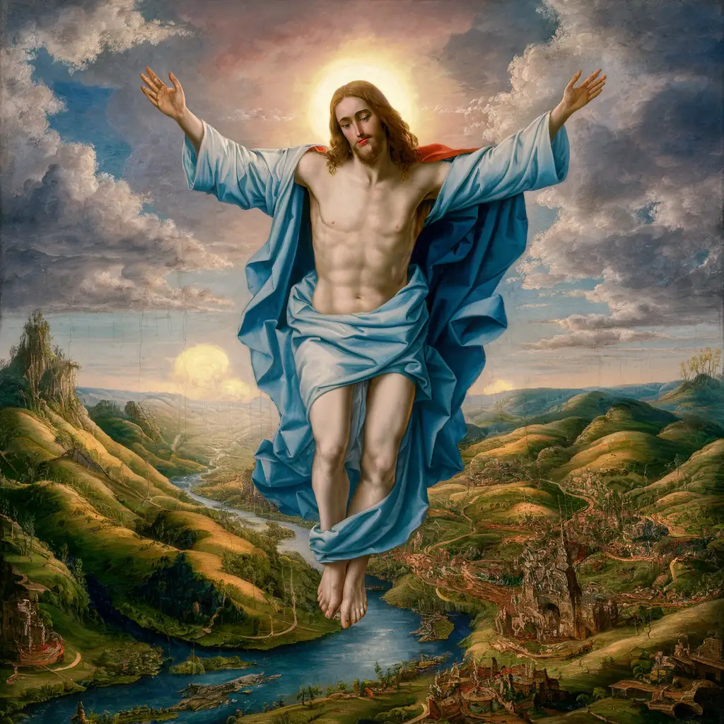 Baroque Style Landscape Painting of Jesus Hovering Over the World