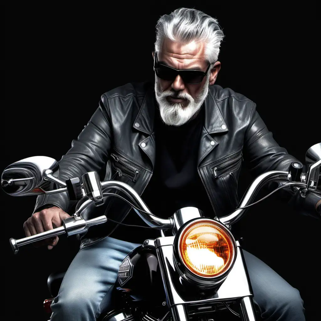 badass guy with grey hair, riding a harley davidson bike, black background
