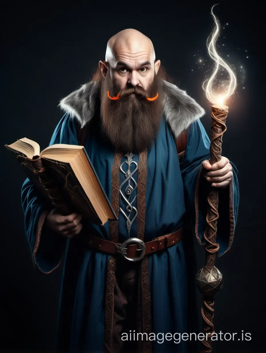 bald dwarf wizard, long beard. In hands magic staff and magical book