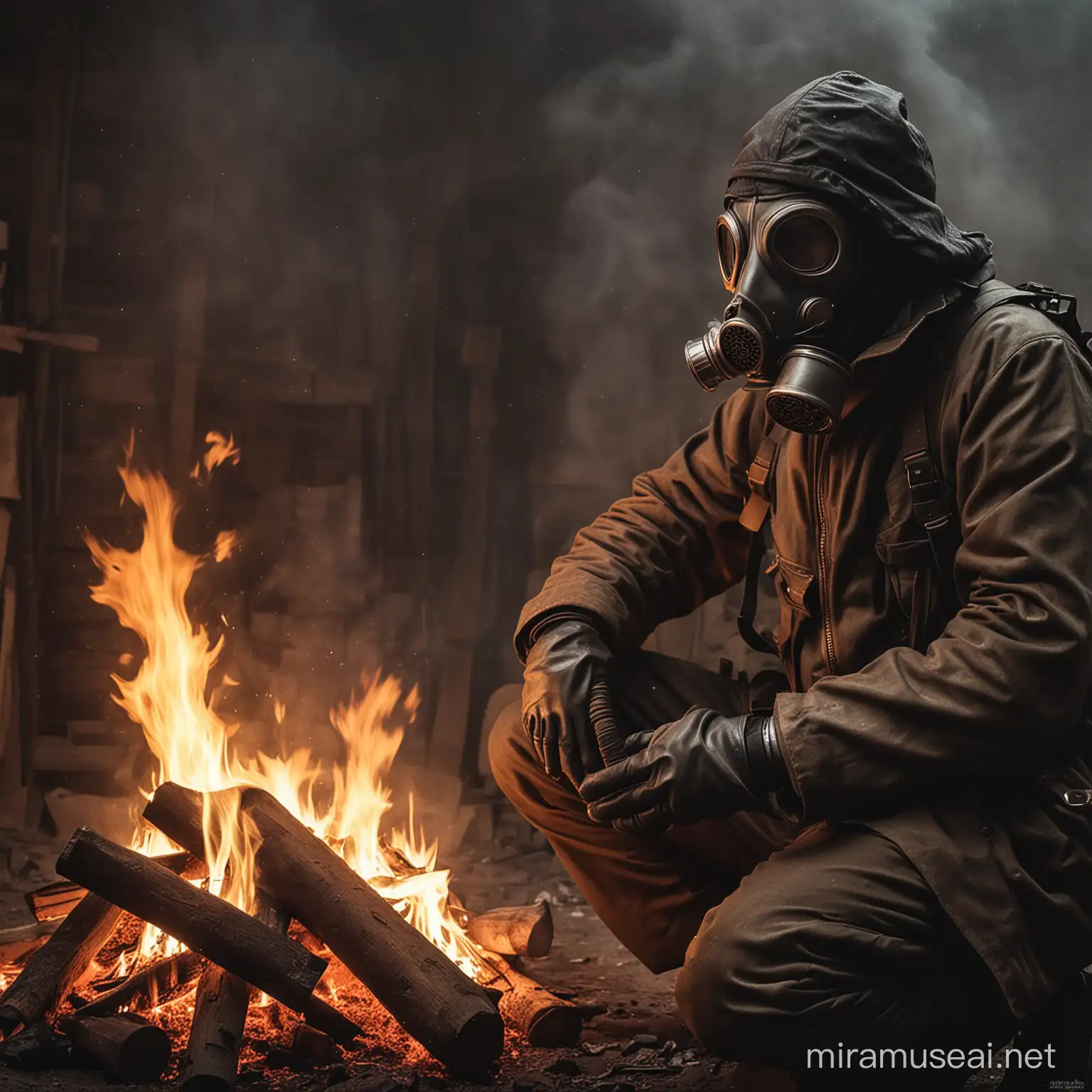 Man Wearing Gas Mask Near Fire in Apocalyptic Scene
