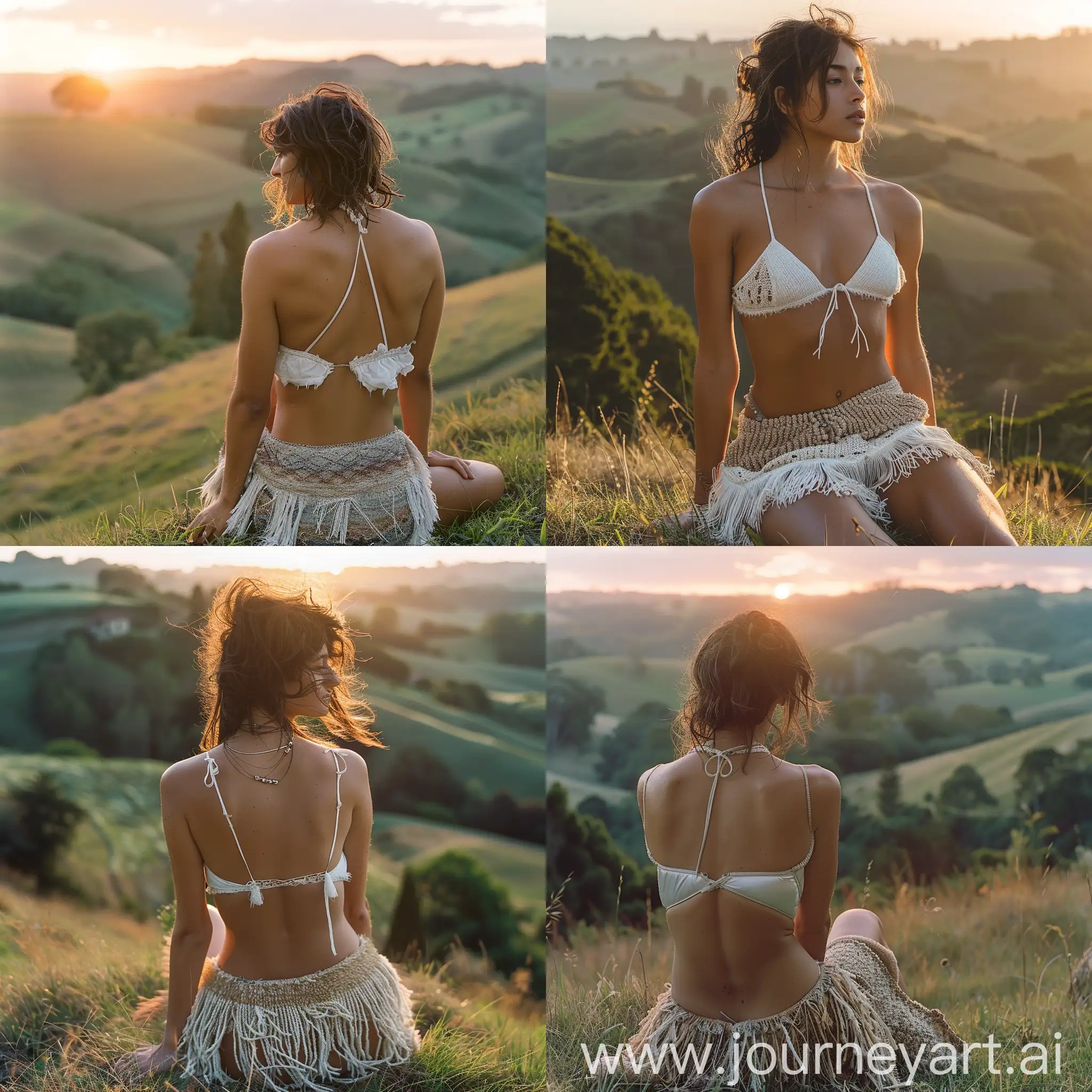  a person in a bohemian outfit against a scenic backdrop during the golden hour. The person is wearing a white bikini top with fringes and a textured skirt with fringes, sitting on a grassy hillside. The landscape includes rolling hills, trees, and warm colors, creating a serene and peaceful atmosphere --style raw --stylize 750. 