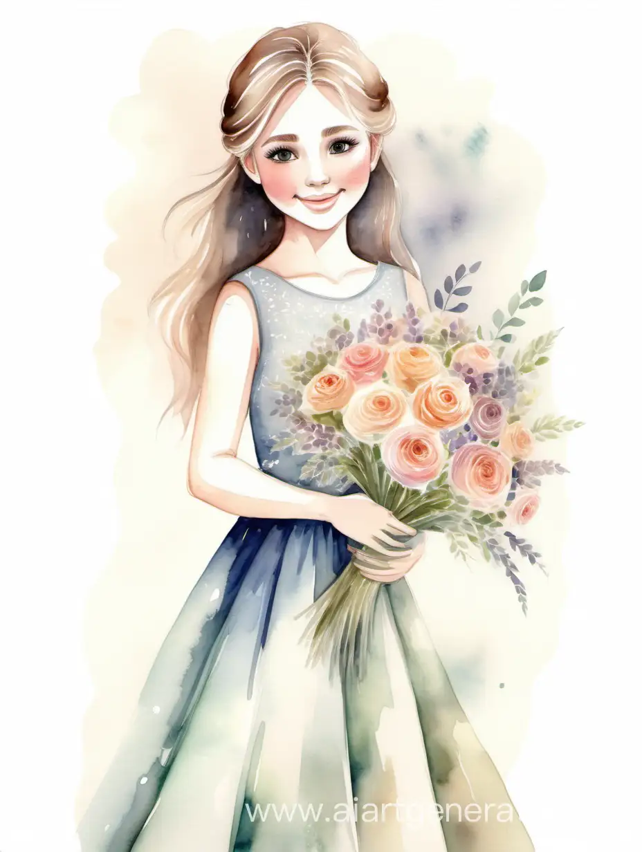 Smiling-Girl-with-Bouquet-for-Mothers-Day-in-Watercolor-Dress