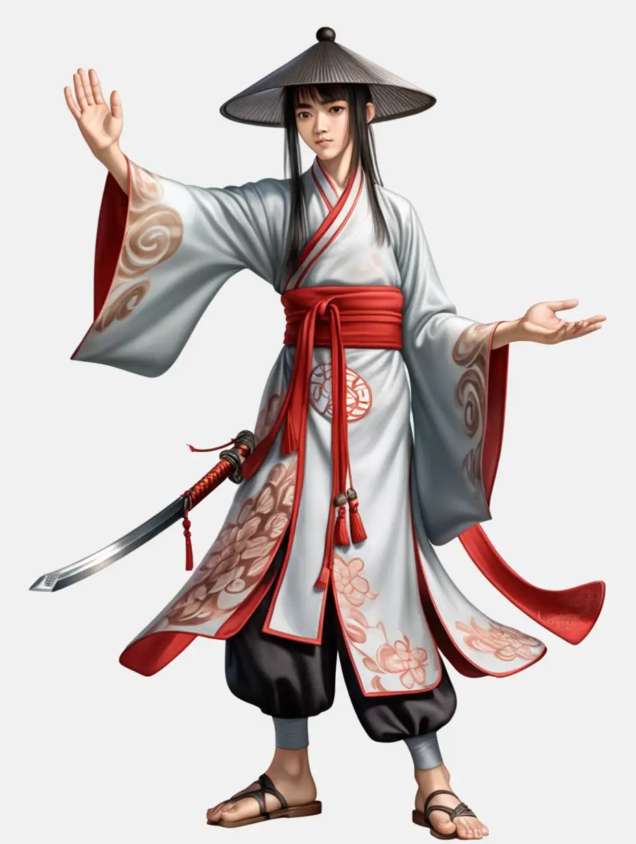a young new wuxia disciple with great luck. transparent background. two hands. no sword. no weapons.  five fingers.  with hat