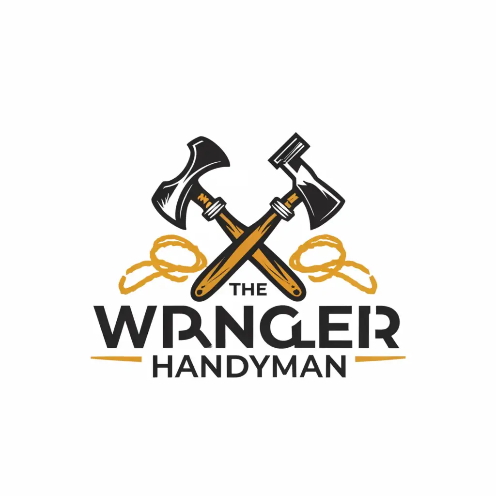 a logo design,with the text "The Wrangler Handyman", main symbol:an axe and a hammer making a cross and a lasso rope forming circle to close off the logo.,complex,be used in Construction industry,clear background