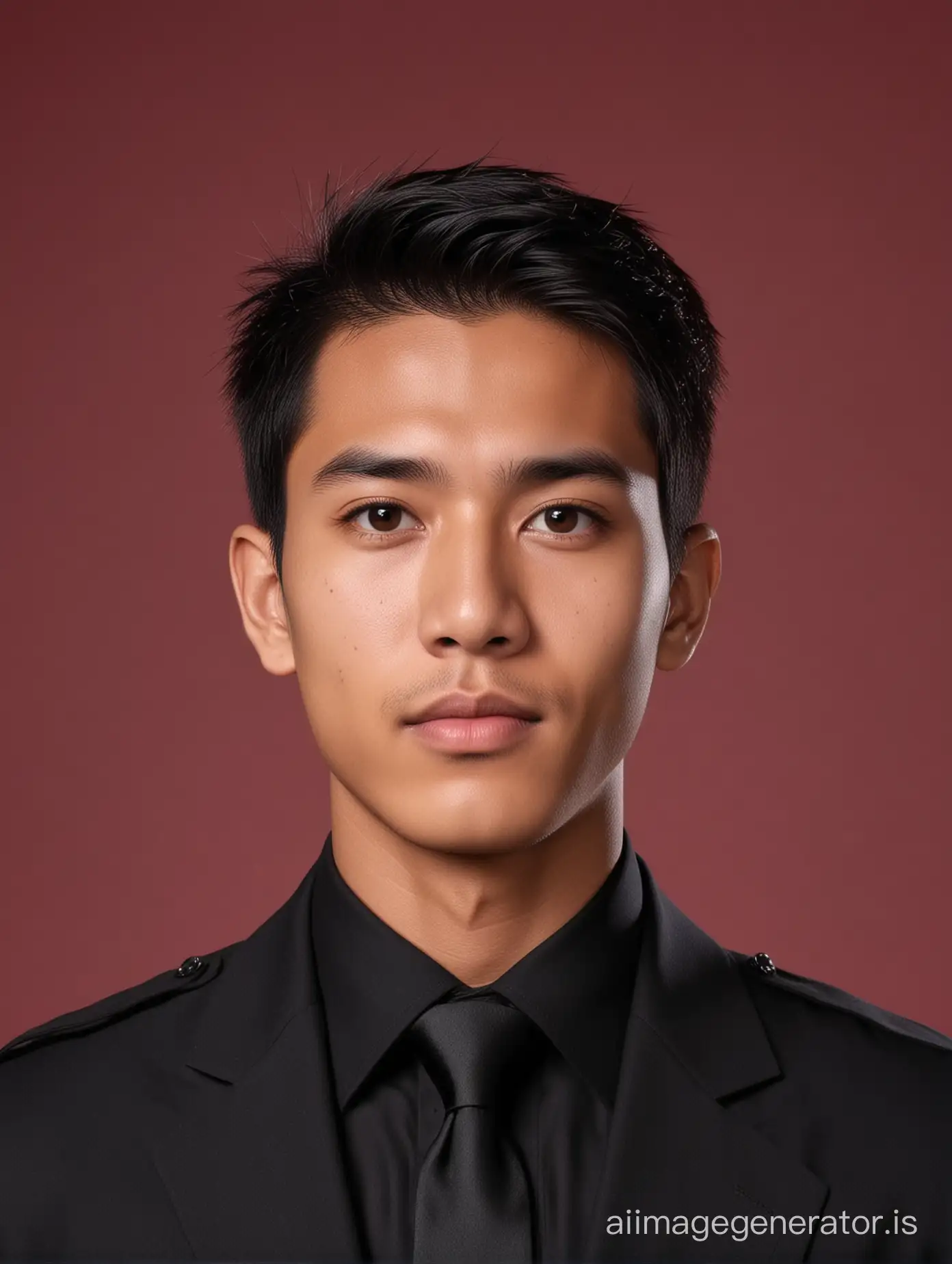 An indonesian young man, age 21 years old. Wearing black sut and black tie for photo shot passport photo. Black short and thin hair, like army style. Background red.Body and Face facing the camera. 8K, UHD