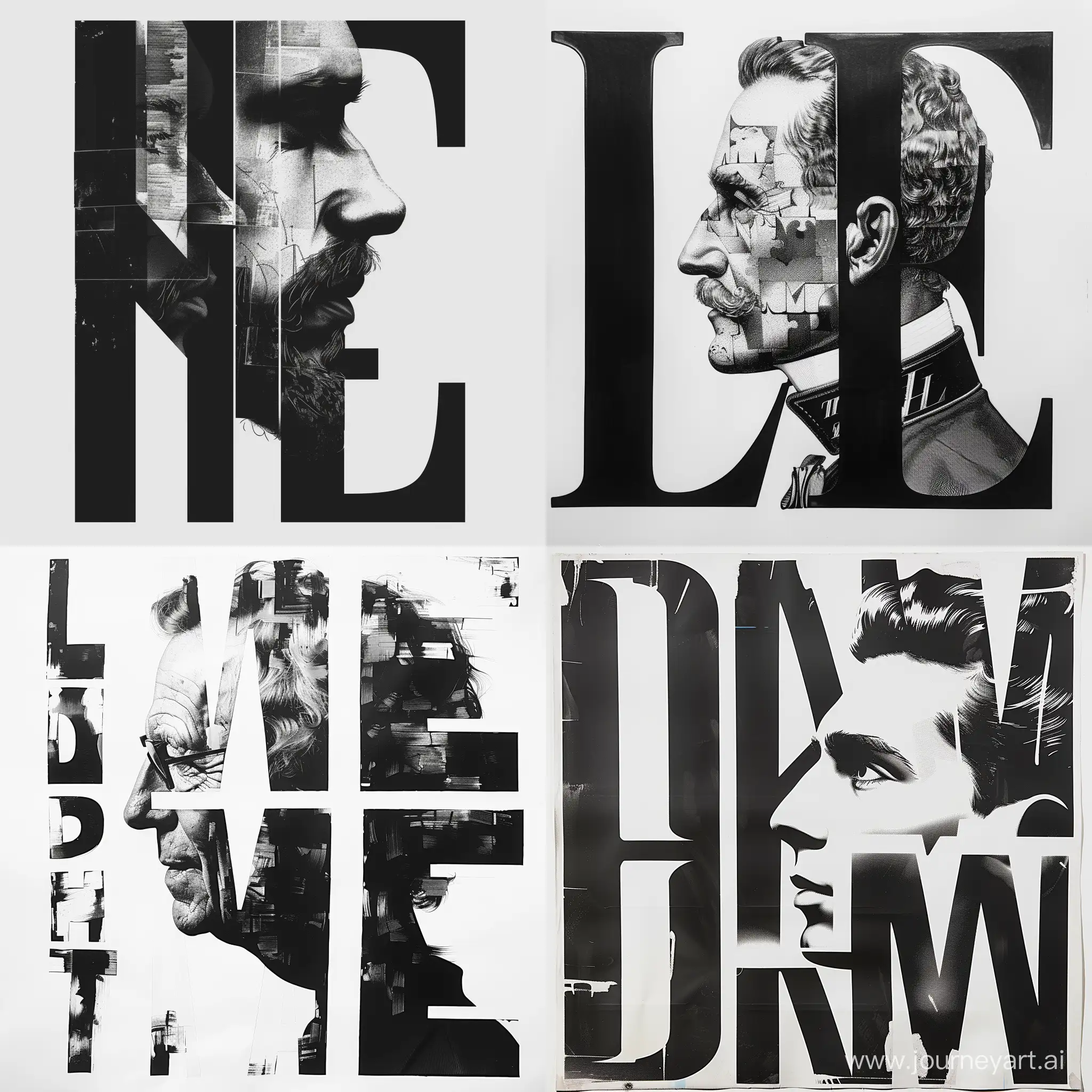 typographic portrait of Lindeman on the side of the letters , black and white
