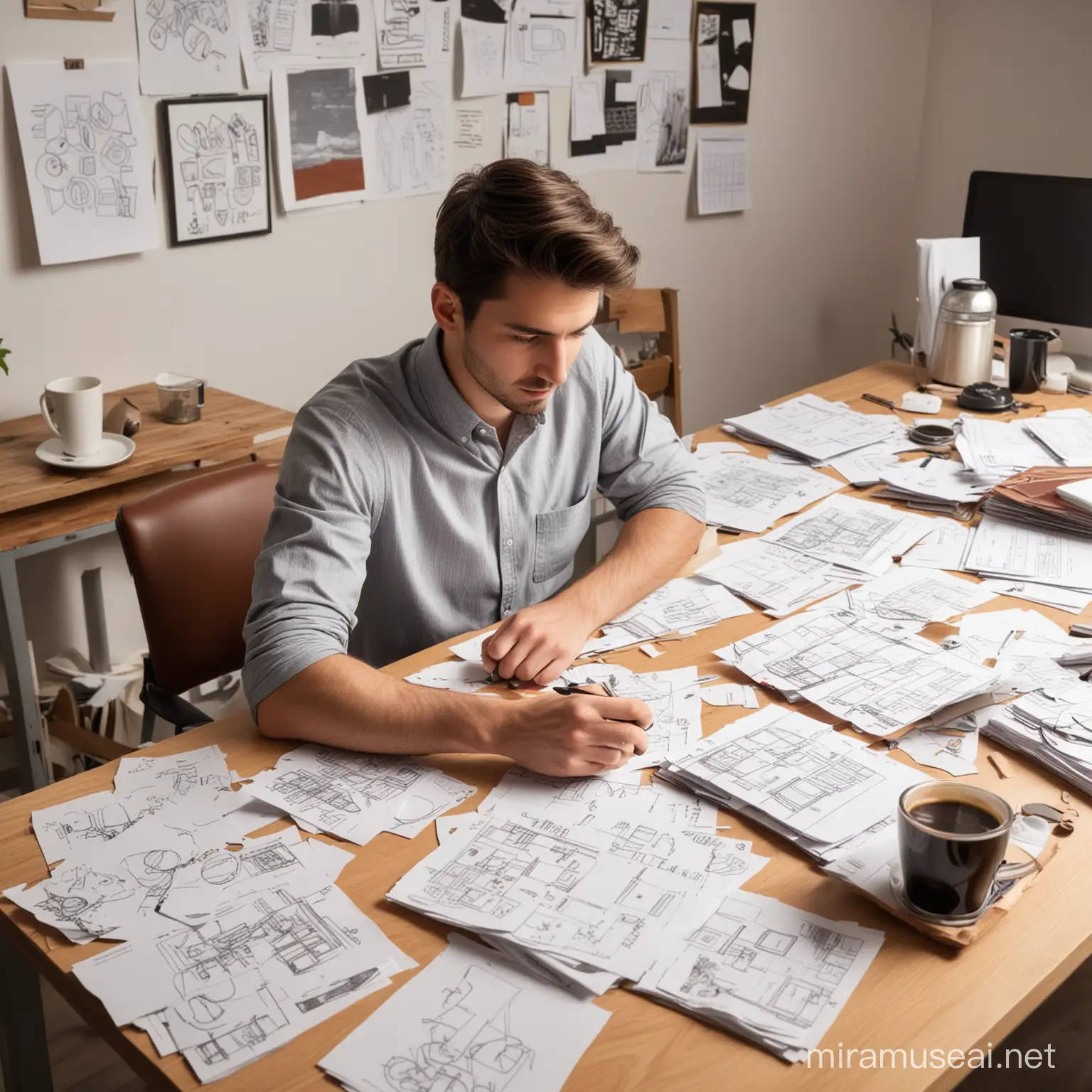  一个25岁成年男生，在工作设计岗位忙前忙后，无暇顾及，手忙脚乱，刚冲的咖啡，散落的设计稿堆叠在办公桌上，