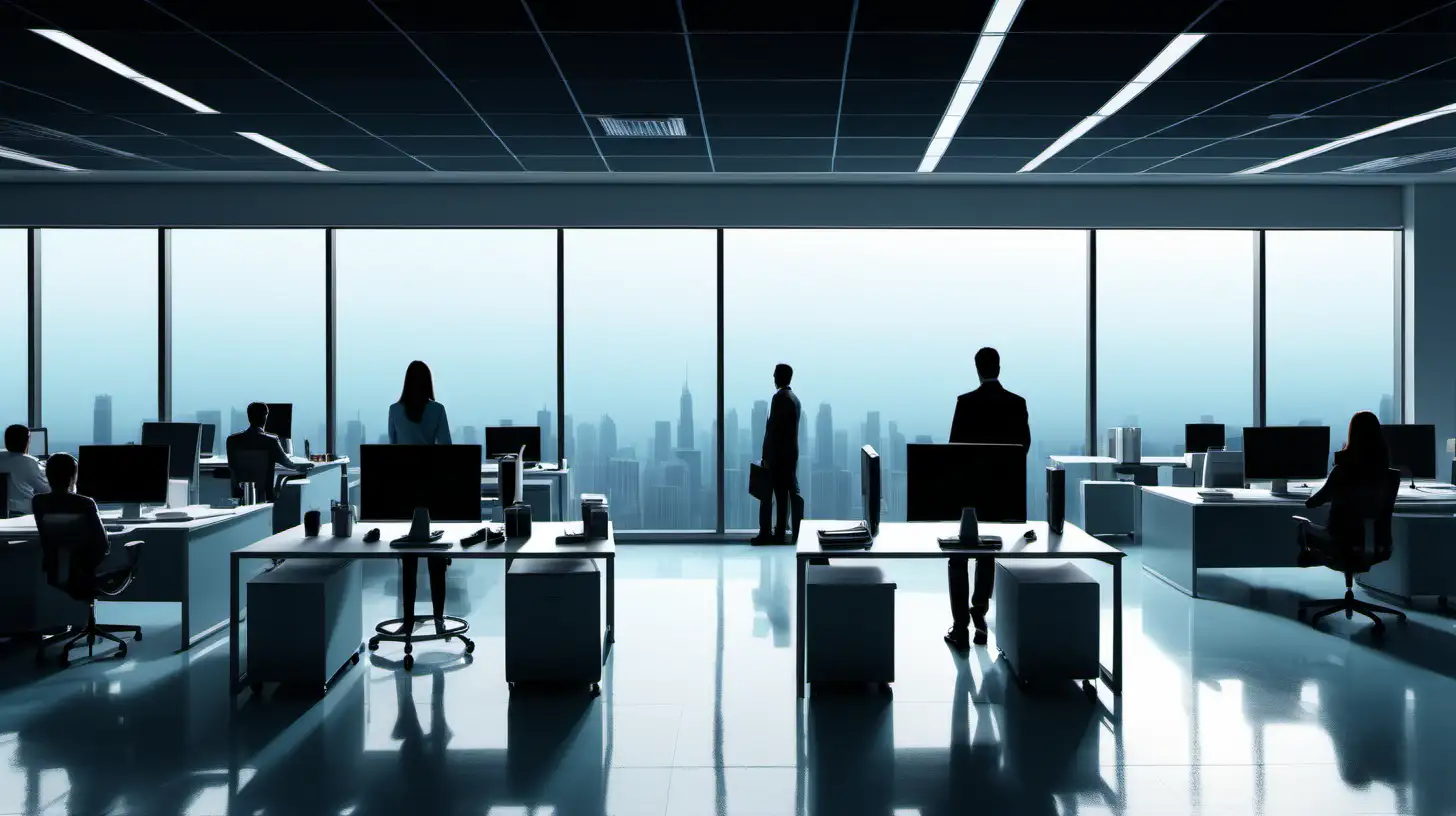 Silhouettes Working in a Modern Office Overlooking a Digital Landscape