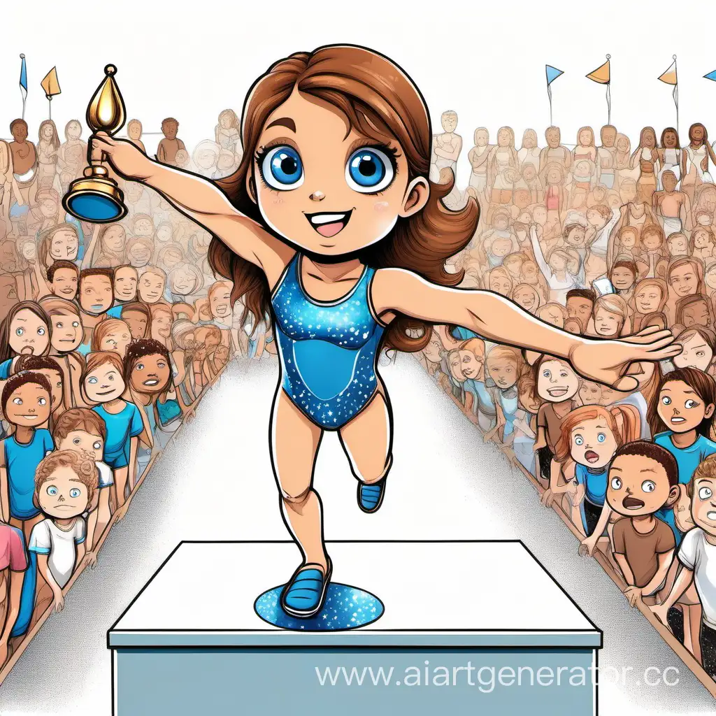 Нарисуй 9 летнюю голубоглазую девочку занимающаяся художественной гимнастикой, стоящую на пьедестале на первом месте с кубком и медалью, на которой надет красивый купальник с блестками и у которой коричневые волосы, а вокруг людей которые злятся