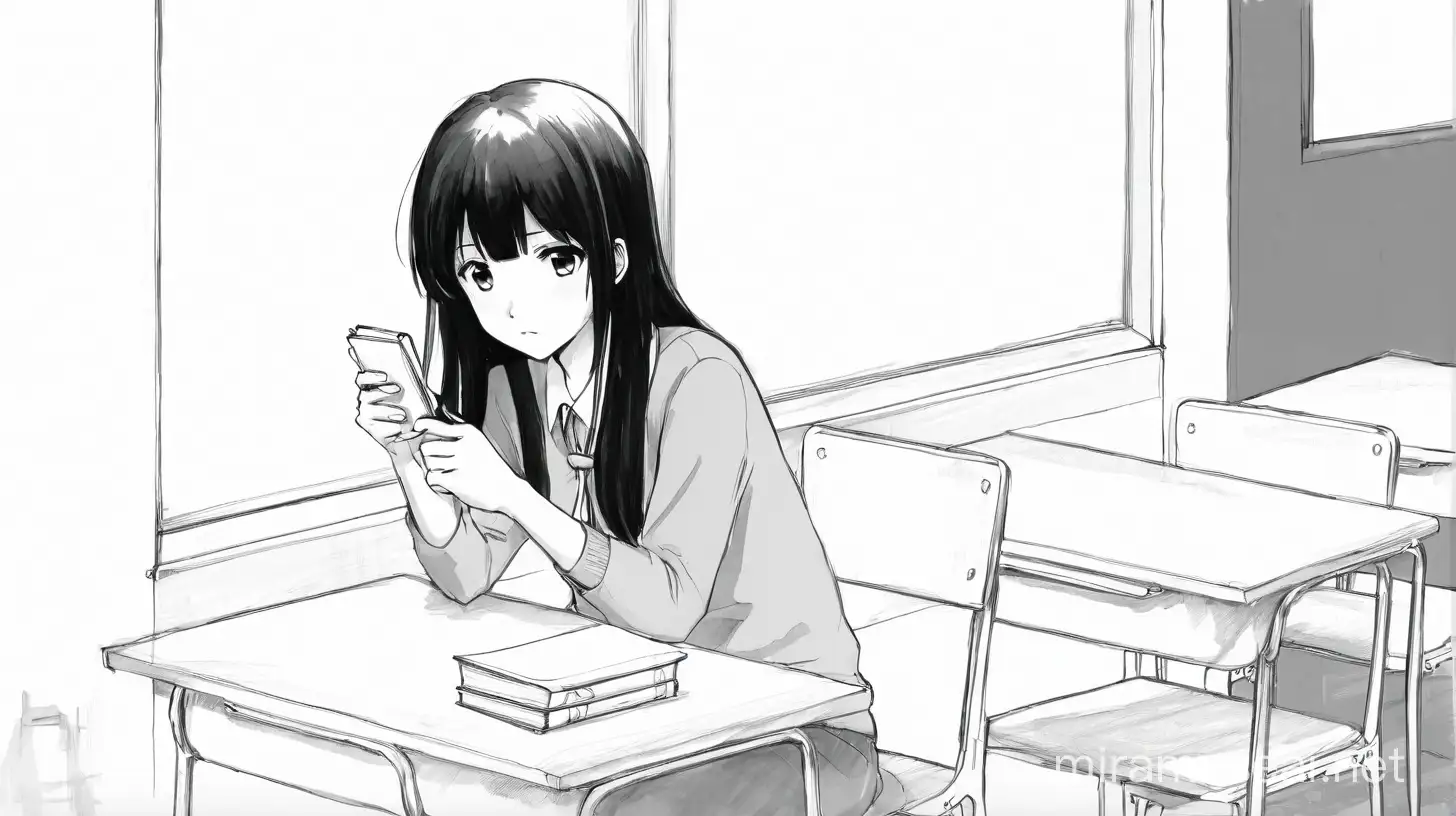 manga sketch of a girl with black hair sitting alone in empty classroom. style: simplistic
