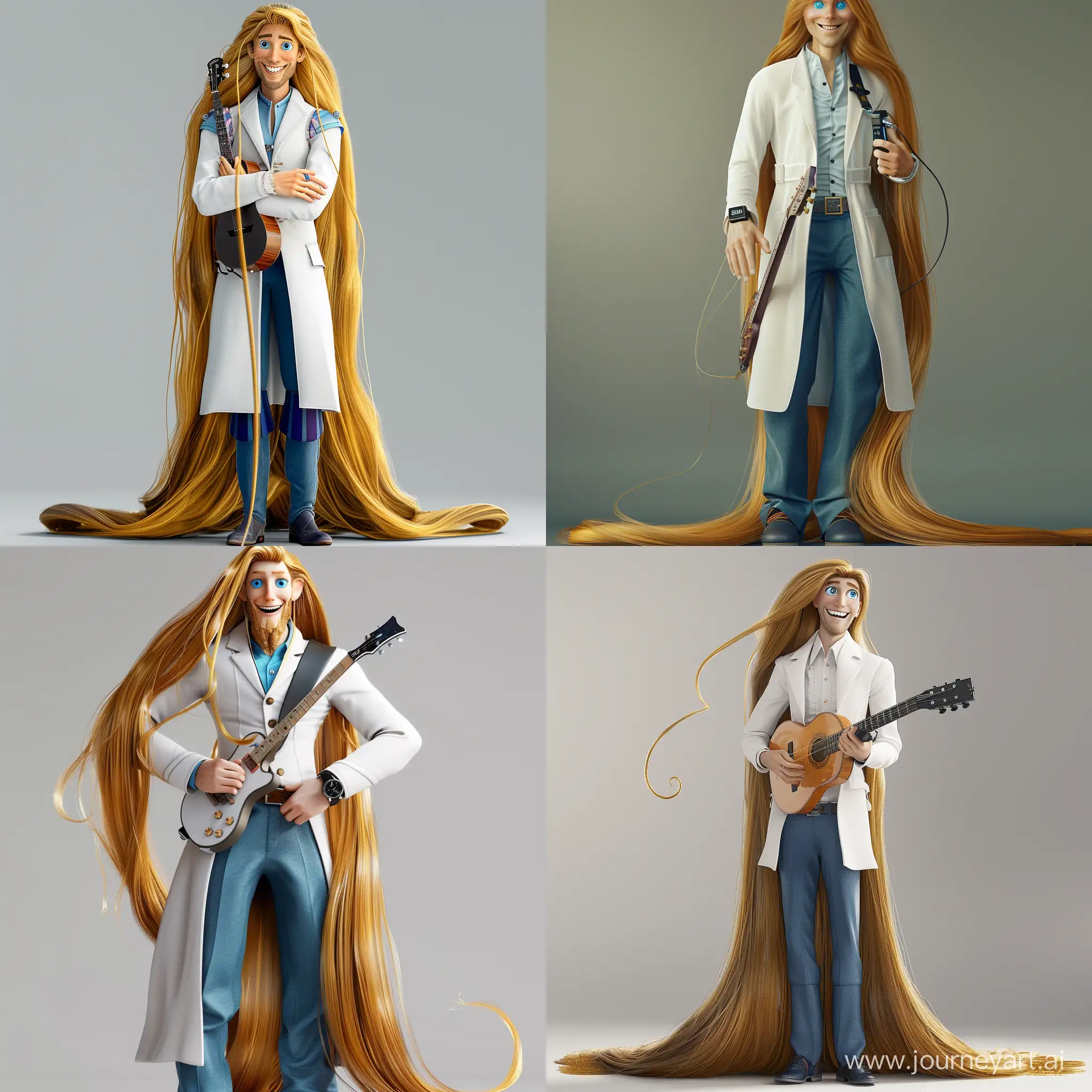 Realistic Style, Male Rapunzel, with blue eyes, smile, very long golden hair, long golden hair growing to the ground, wearing a white coat, hands in the pockets of blue trousers, a black electronic watch on the right wrist, holdig a guitar, Photorealistic, Full body shot, photorealistic, 8K, HDR, 3D rendering, real life, -- iw 1, 