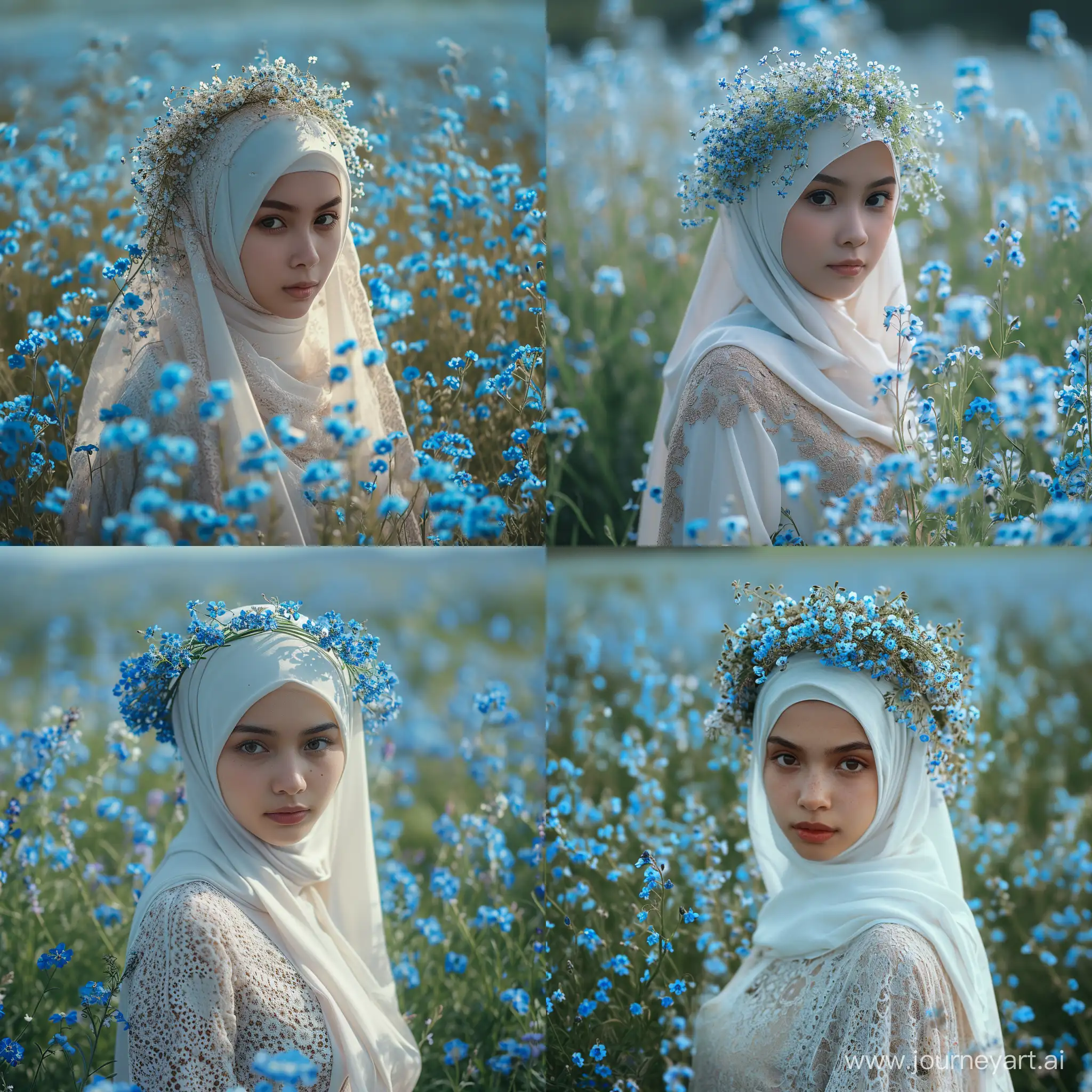 Sundanese-Girl-in-Elegant-White-Hijab-Dress-Amidst-ForgetMeNots