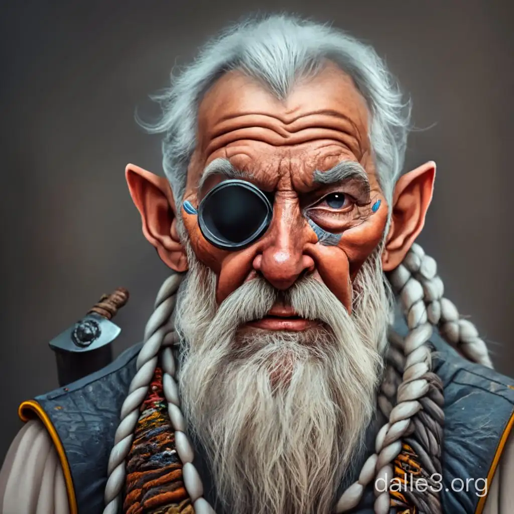 An old dwarven soldier who has retired and become a shopkeeper. He has an eye patch on his left eye and a braided gray beard. He wears a holy symbol around his neck.