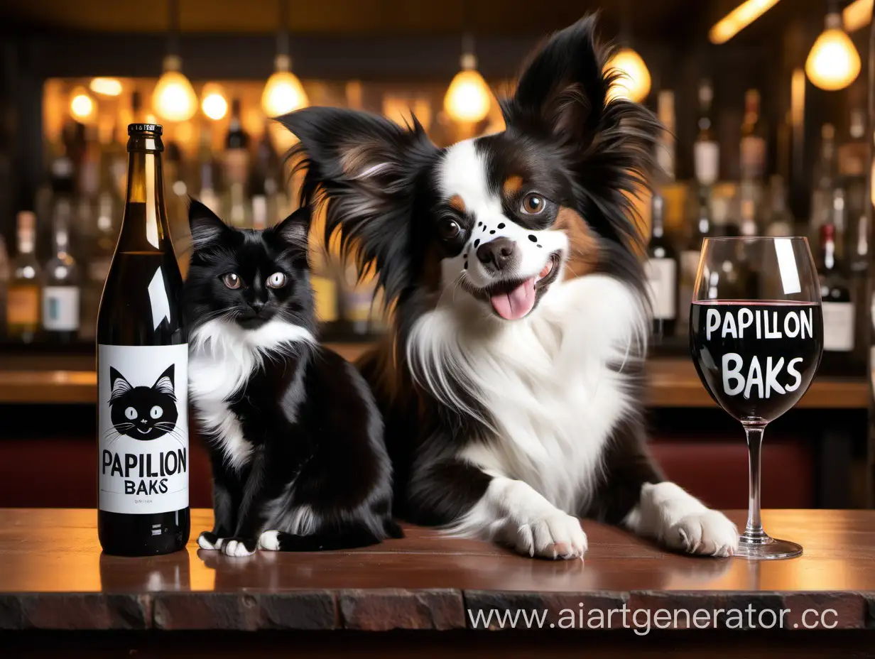 Joyful-Papillon-Dog-Hugging-Black-Cat-in-a-Cozy-Bar-Setting