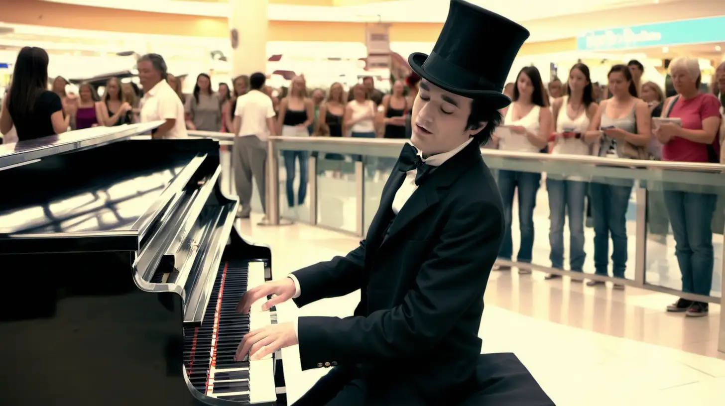 Elegant Pianist in Top Hat Captivates Crowds at Shopping Mall