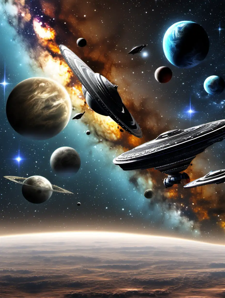 Amazing space art with milky way and 3  futuristic spaceships