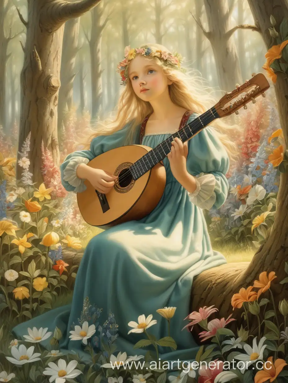 Светловолосая девушка играет на лютне в цветочном лесу