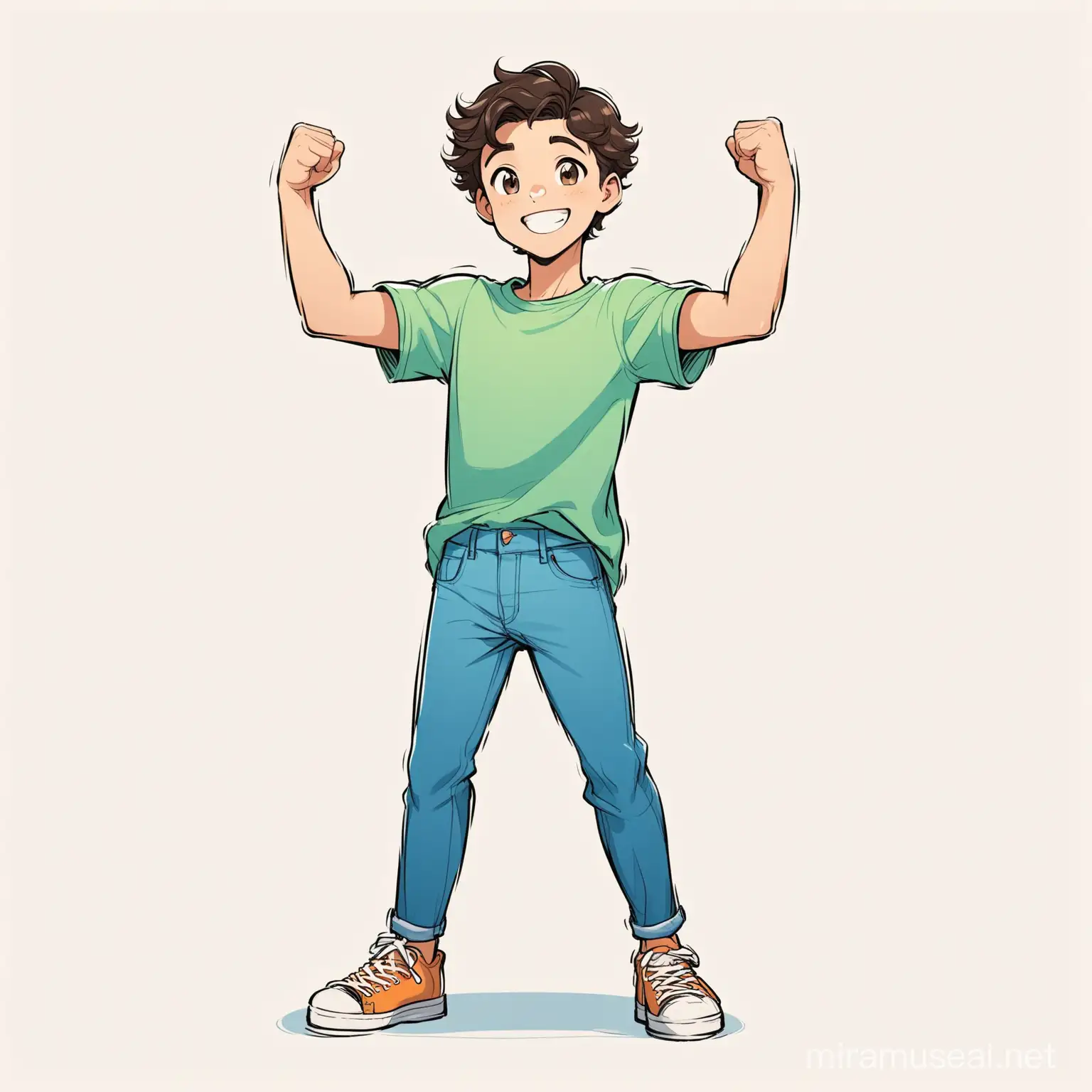 a full body illustration of a tall, buff, fair skinned teenage boy, very short dark brown wavy hair in a clean haircut, front facing, cheeky smile, raised arms, wearing a tshirt, jeans, and sneakers. On a plain white background. draw in disney style.
