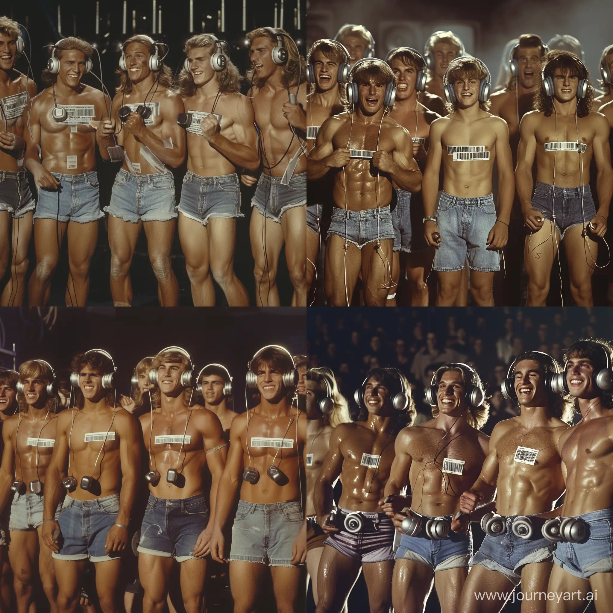 Handsome muscular middle-aged men and handsome muscular college-age boys each wear silver headphones and fitted denim cutoff shorts, dazed smiles, small barcode attached to each man's chest, 1980s rock concert setting, long hair, facing the viewer, mass indoctrination, color image, hyperrealistic, cinematic