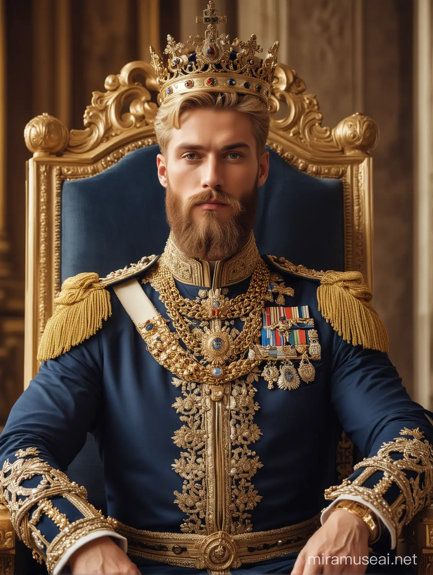 Tall and handsome muscular king with beautiful blonde hairstyle and beard with attractive eyes and Big wide shoulder in navy and golden cavalry suit with crown on head and necklace seating on throne inside palace
