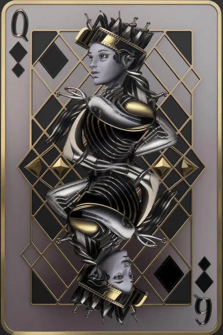 An intricate illustration style design of a Queen of Diamonds playing card. Make it surreal. Use brass and/or glass as materials