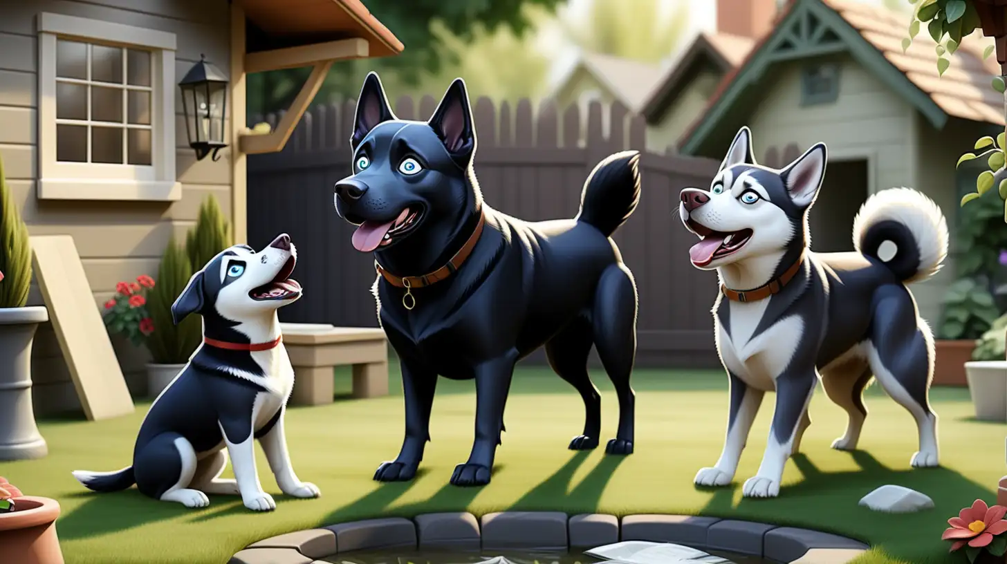 Playful Black Lab and Husky Enjoying Enchanting Storybook Backyard