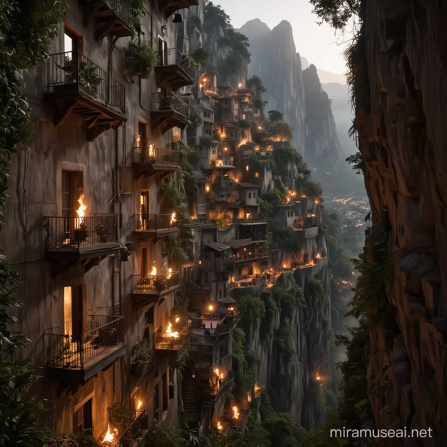 SixStory Spire with Balconies and Torch Glow in Jungle Mountain Town