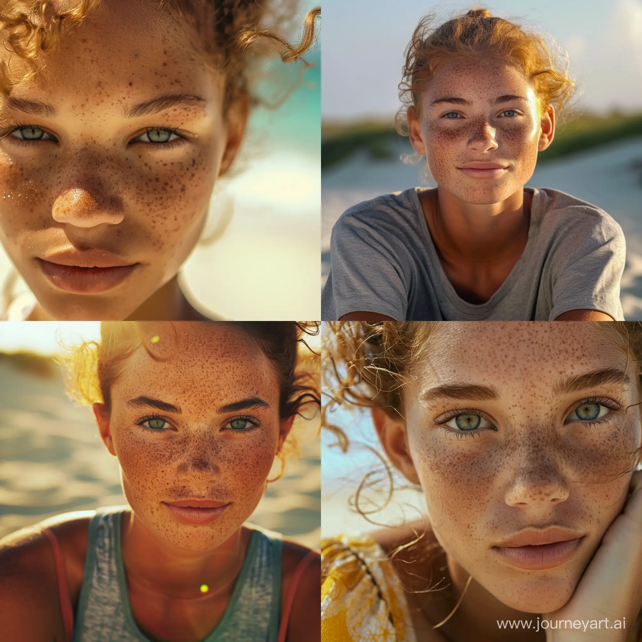 Beautiful girl light skin African girl with freckles, sunny beach, sunkissed face, noon, really sunny, sunshine, DSLR portrait --v 6 