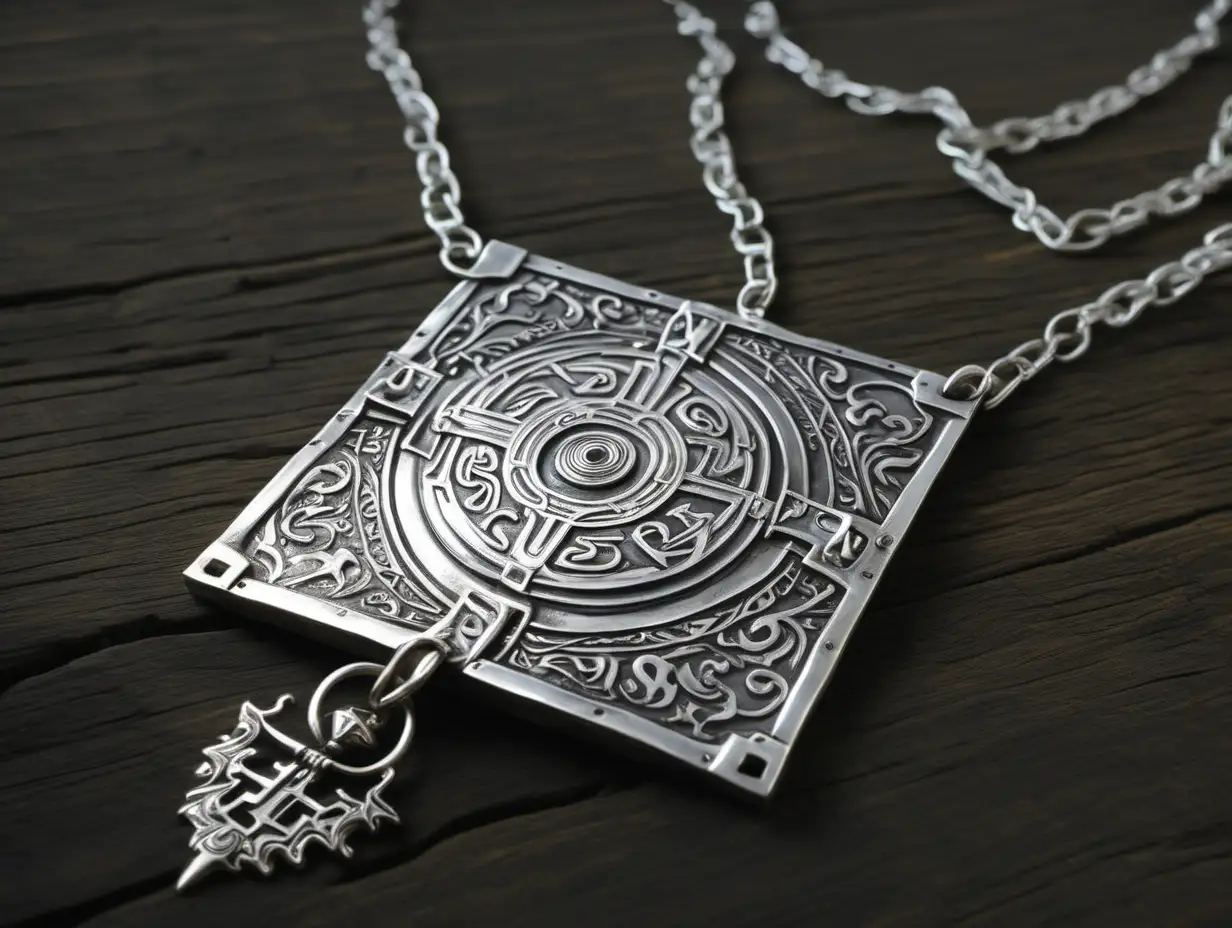 silver amulet necklace, large silver flat plaques, Medieval hideout, loot crate, night