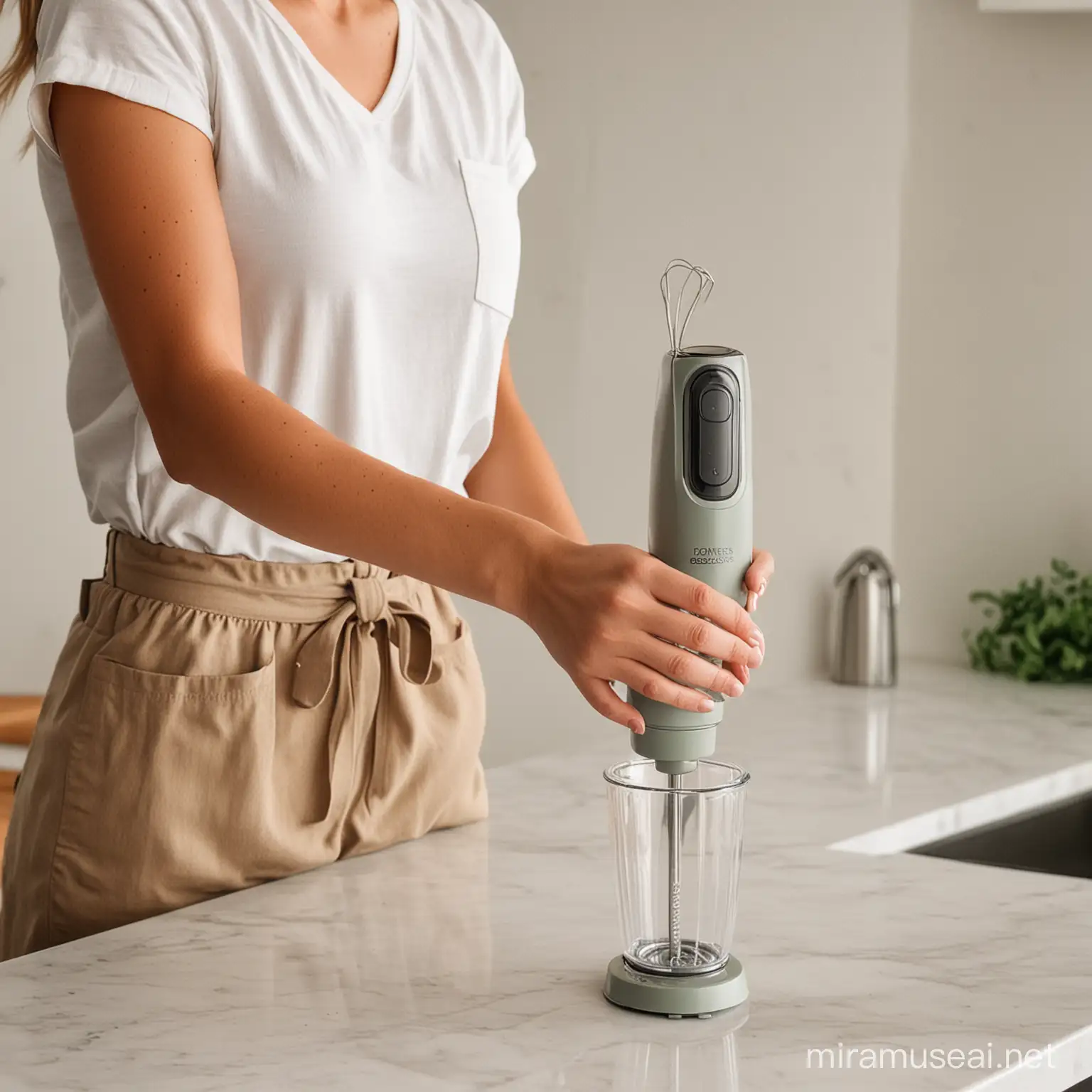 a women hand hold a stick blender on the counter

