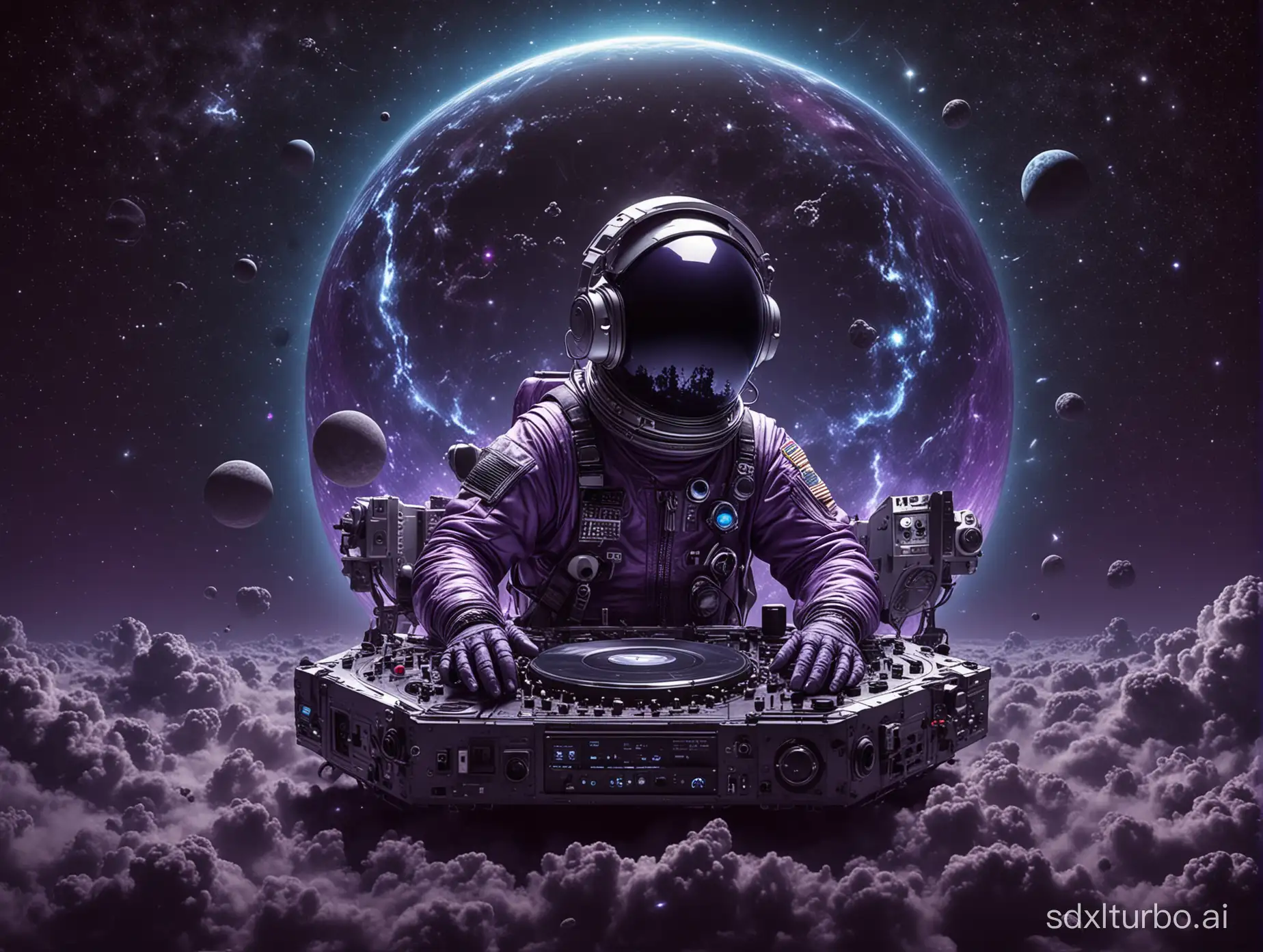 A digital collage featuring the vastness of space intertwined with modern Gothic, and alternative rock elements. An astronaut, barley noticable, floats among celestial bodies, wearing DJ headphones. Nearby, a modern turntable or DJ mixer emits vibrant sound waves. The scene is cast in shades of dark purple to dark blue, with occasional accents in contrasting colors to reflect the energy of 80s and 90s alternative music. Created Using: digital collage techniques, space and music theme, dark, energetic atmosphere, intricate details, celestial bodies, sound waves visualization, astronaut, gothic and alternative iconic rock symbols, dark purple to dark blue color scheme, 80s and 90s music energy, glibatree prompt, intricate visual storytelling --ar 16:9
