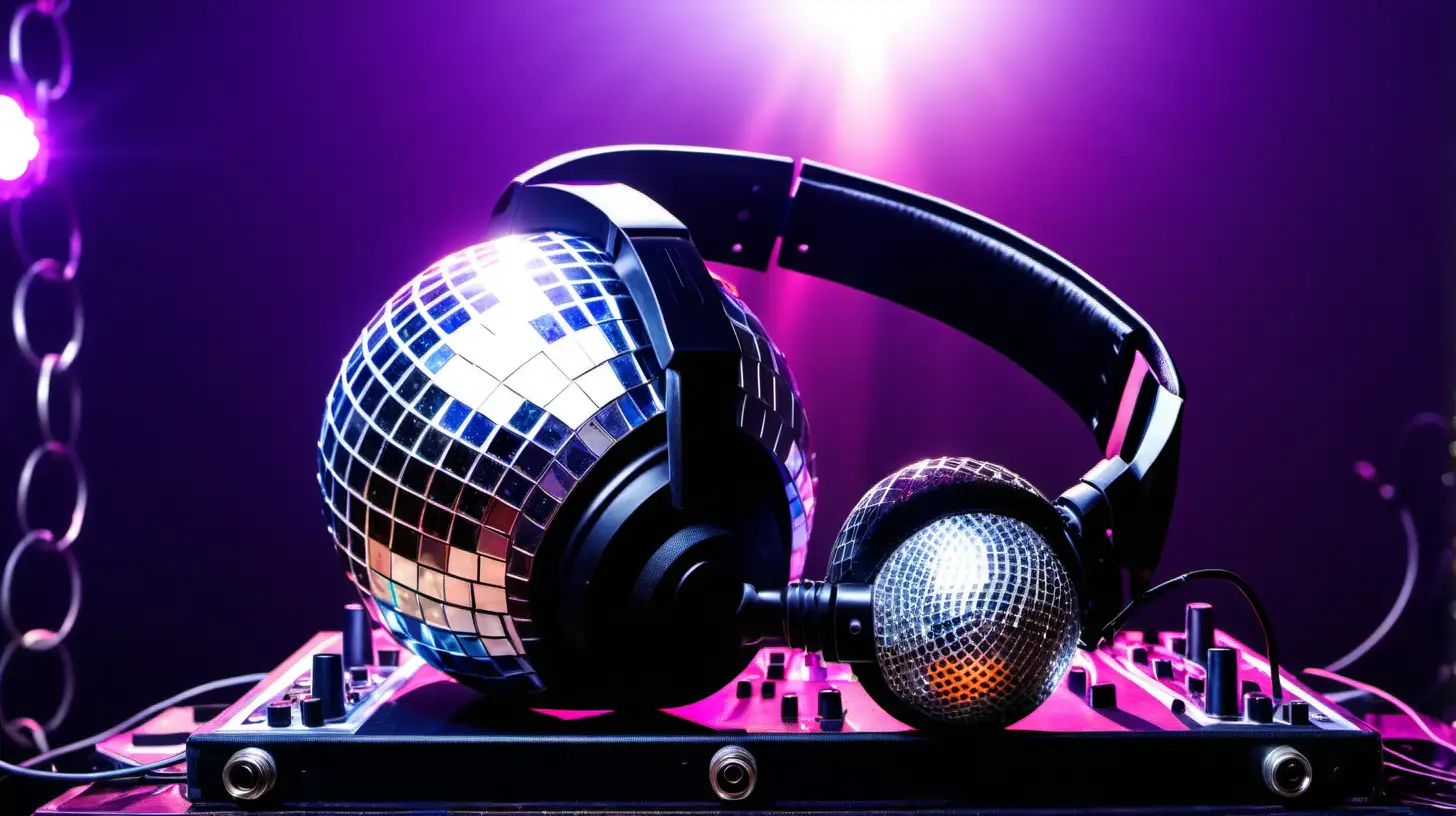 DJ Wearing Headset Spinning Tracks by a Glittering Disco Ball