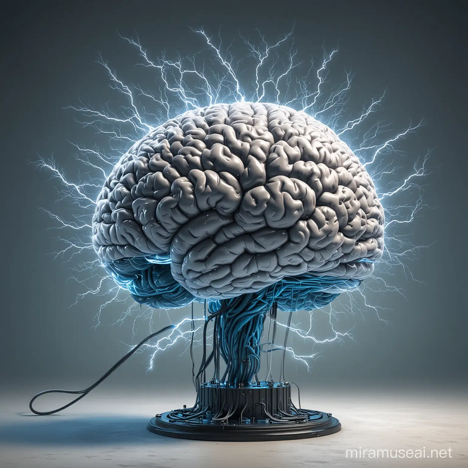 Giant Brain supercharged with electricity hovering in a huge empty, and use electric-blue as the base color for the image.