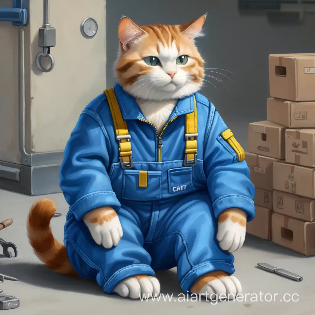 Очеловеченный кот в синем комбинезоне рабочего сидит и отдыхает