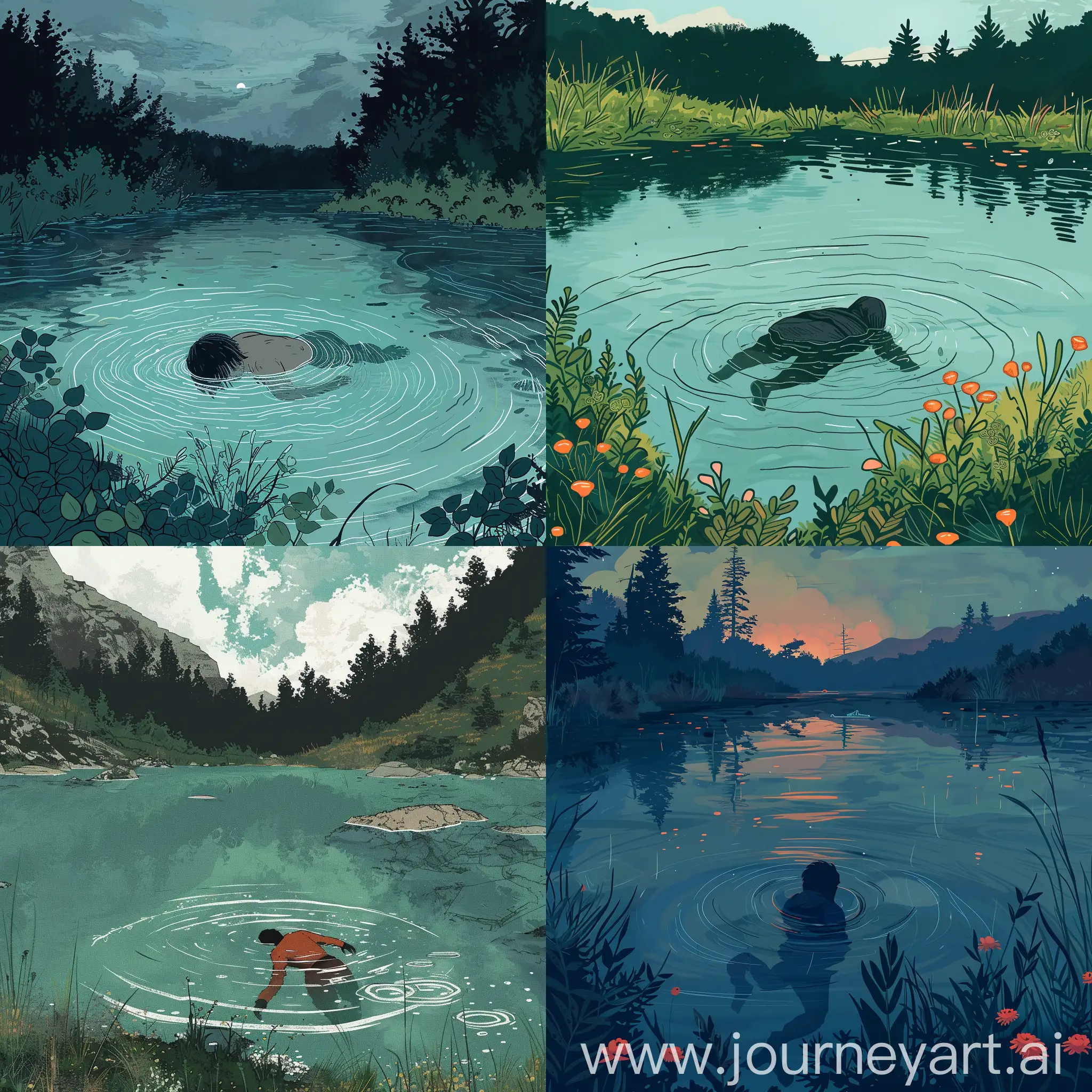 ilustración digital de una persona ahogándose en un lago