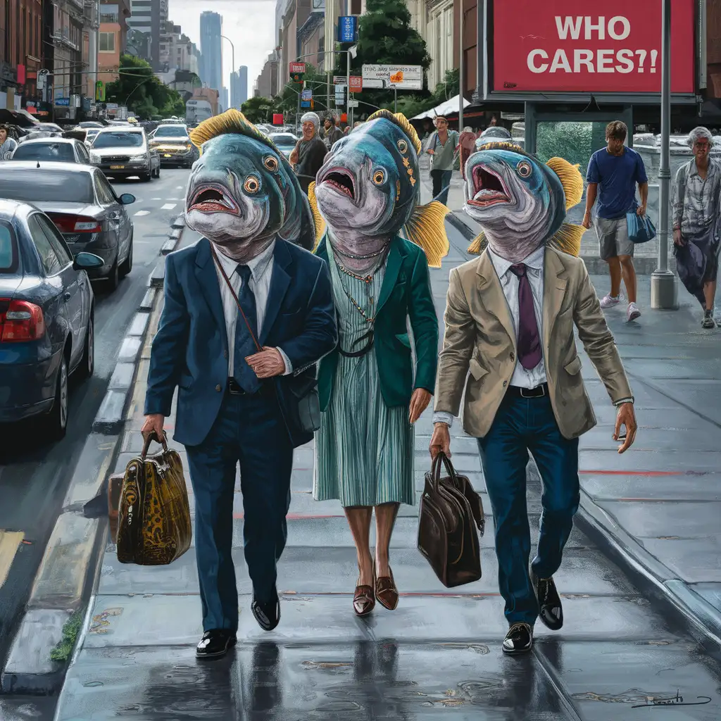 realistic fishes walking down a street, words WHO CARES?!