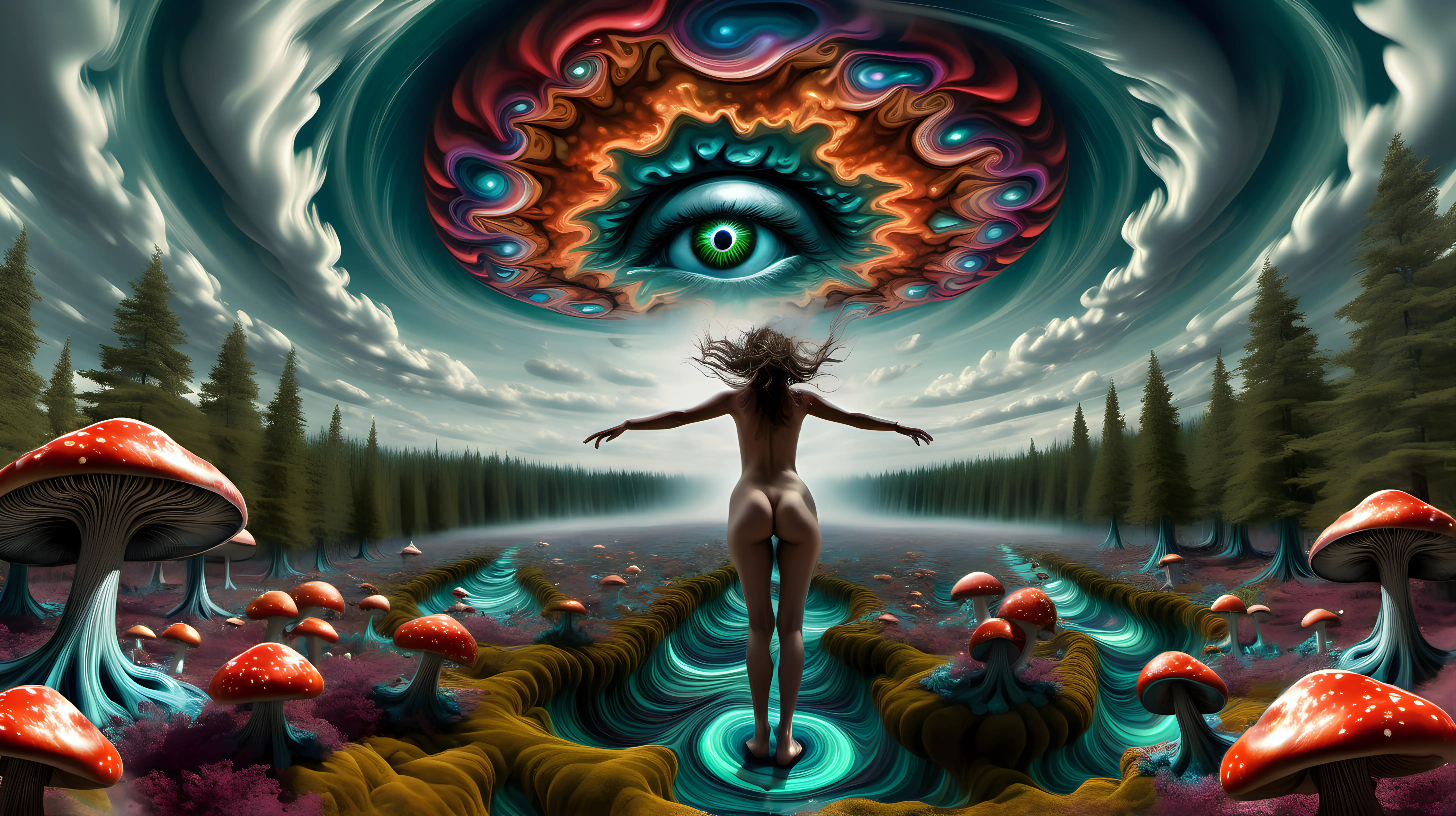 Psychedelic sky with dramatic swirling fluid storm around central eye , alien like world, dreams, multicolored forest greenish fractal mushrooms extending from the ground up to the sky on right and left, nude female figure floating in mid air facing away from viewer with clouds under her feet and up towards the sky with arms extended, hyper realistic, moody and euphoric