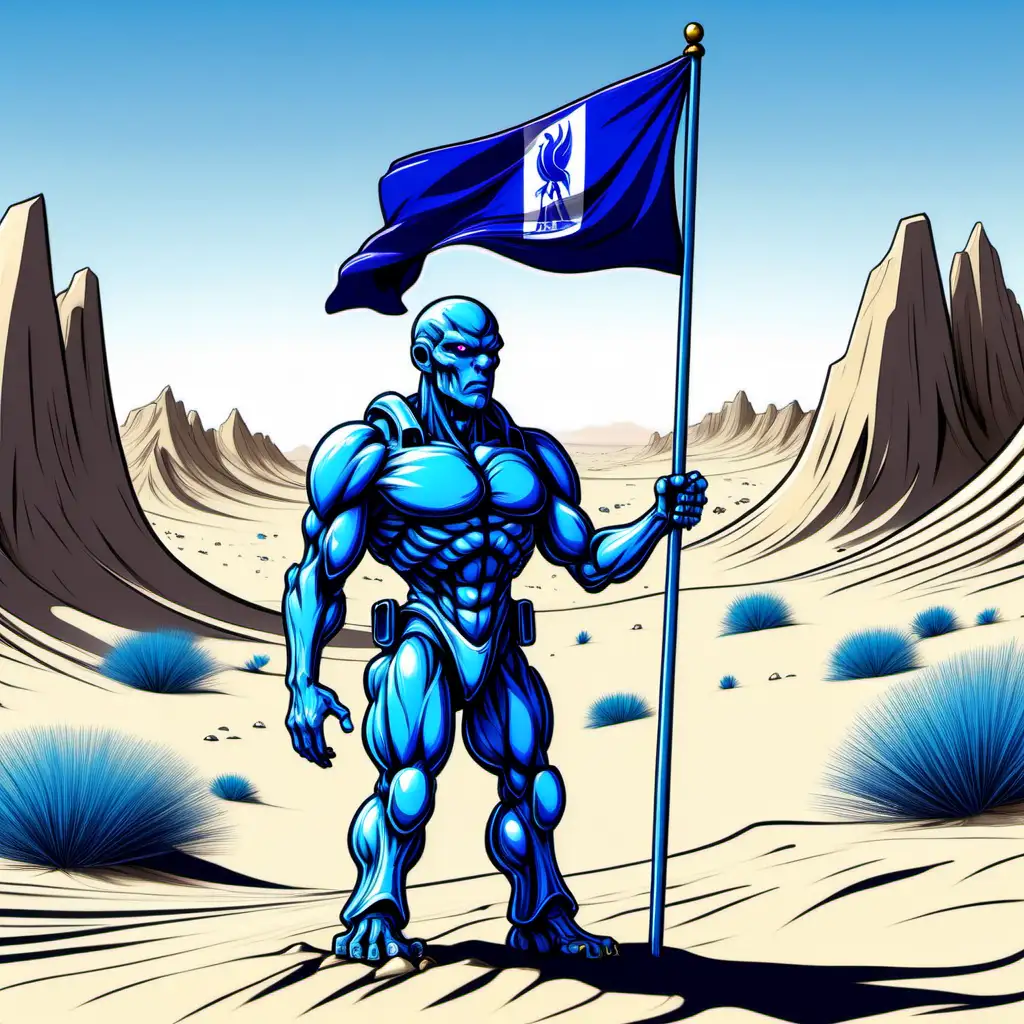 Blue Flag Bearer Leading in a Vibrant Cartoon Desert