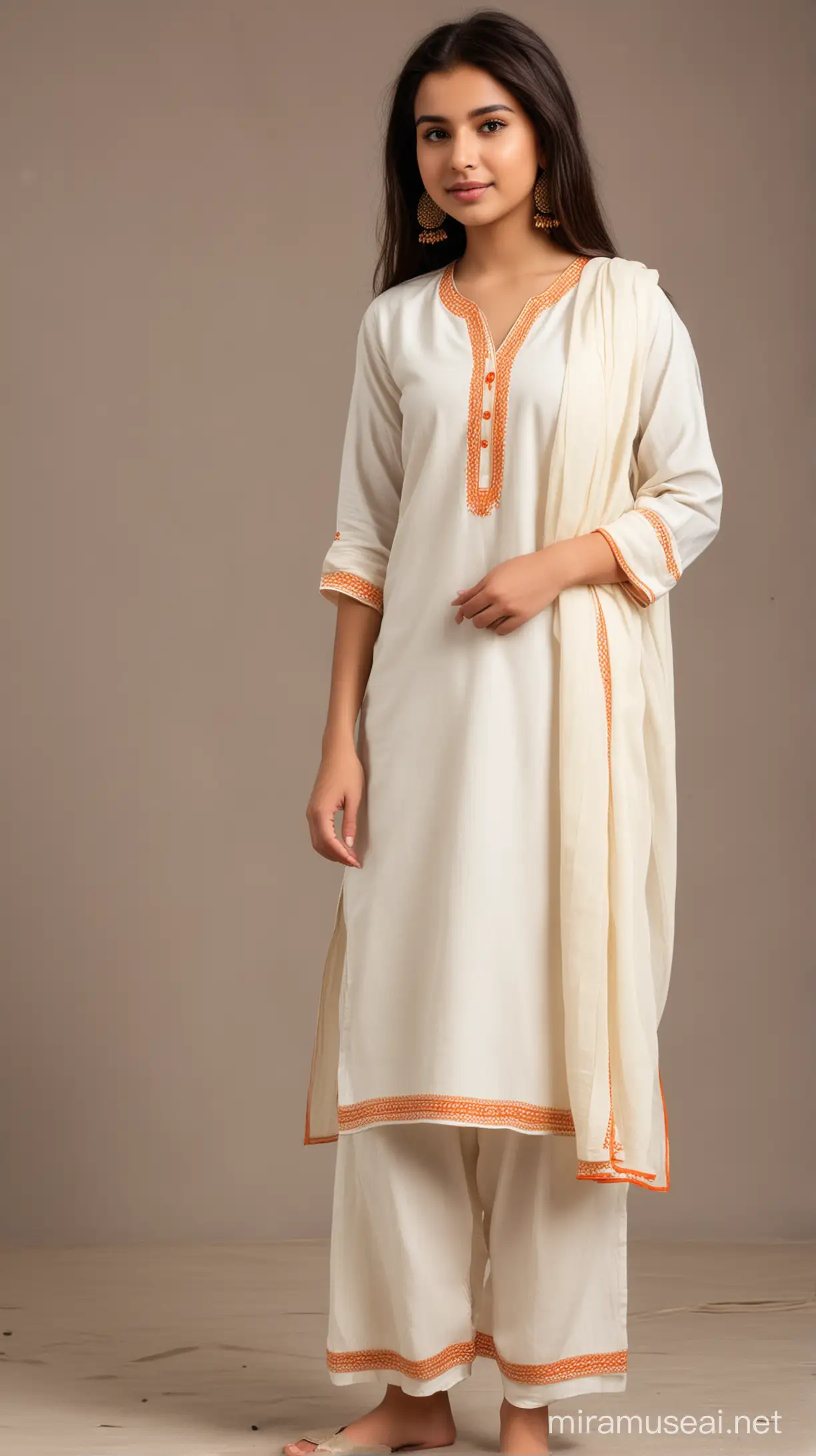 A young girl standing in a slight side pose wearing a basic v-neck off-white kameez with an off-white shalwar and off-white dupatta with orange piping on dupatta edges. Full picture. Dark brown hair.