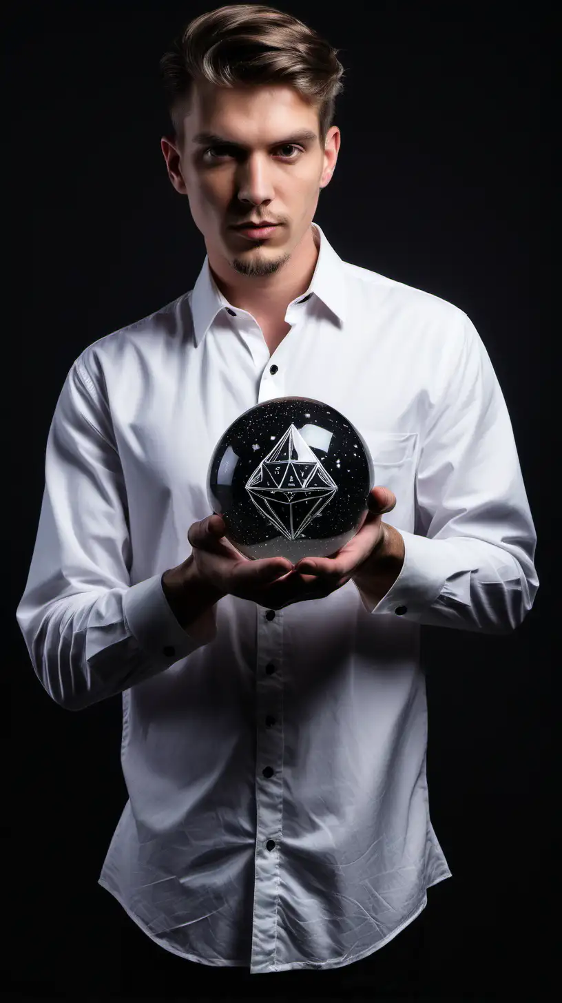 man holding a crystal fortune teller ball wearing regular fit white button up, black backgound