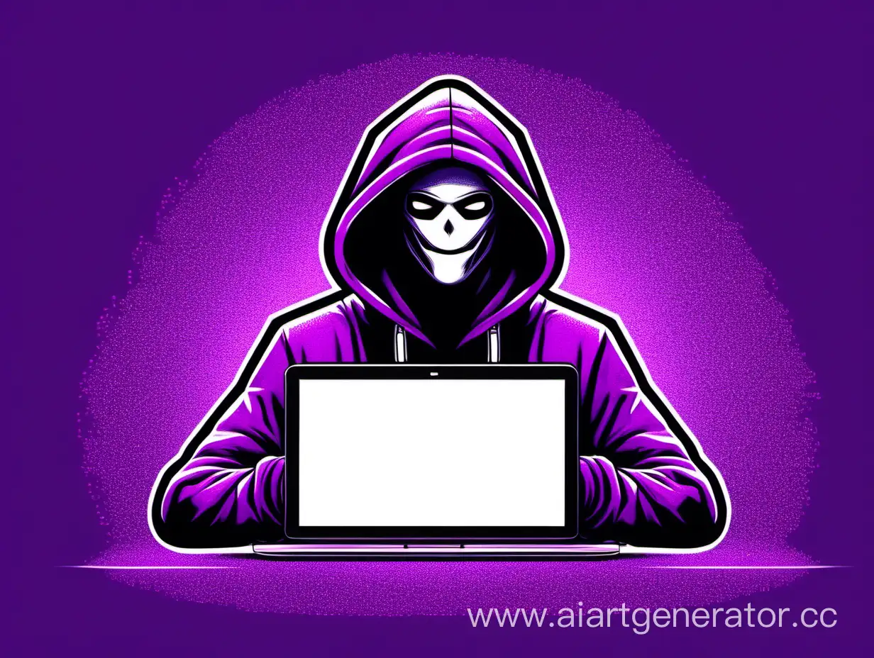 Создай визитку с хакером в капюшоне на пурпурно фиолетовом фоне