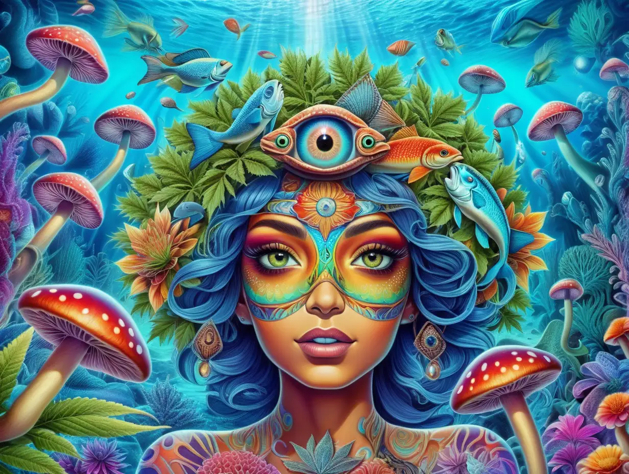 Psychedelic Underwater Garden Exotic Woman with Third Eye