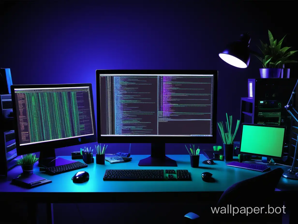 Tech-Enthusiasts-Sleek-Workspace-in-Shades-of-Black-Green-Blue-and-Purple
