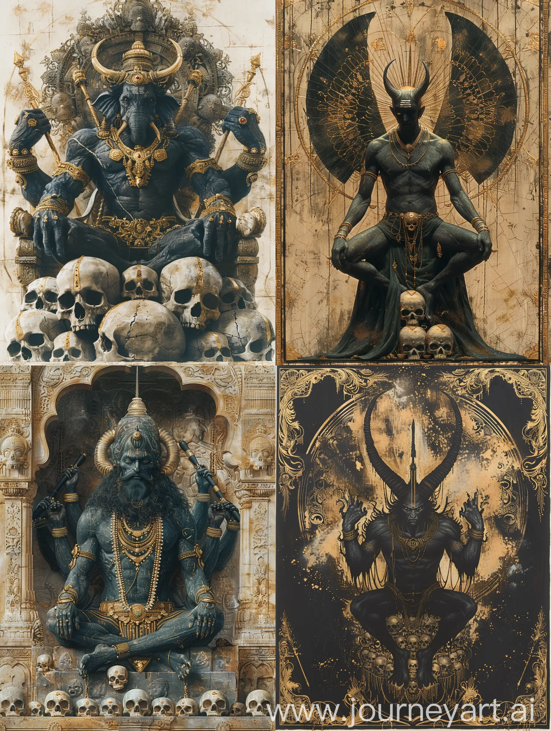  Dark, awe-inspiring God of Death, Ravana with horn, multi-armed, seated on a throne of skulls, ancient Indian mythos, Mughal miniature style painting with intricate gold filigree, Ramayana epoch, foreboding omniscient gaze --v 6 --ar 3:4 --s 650 --c 15