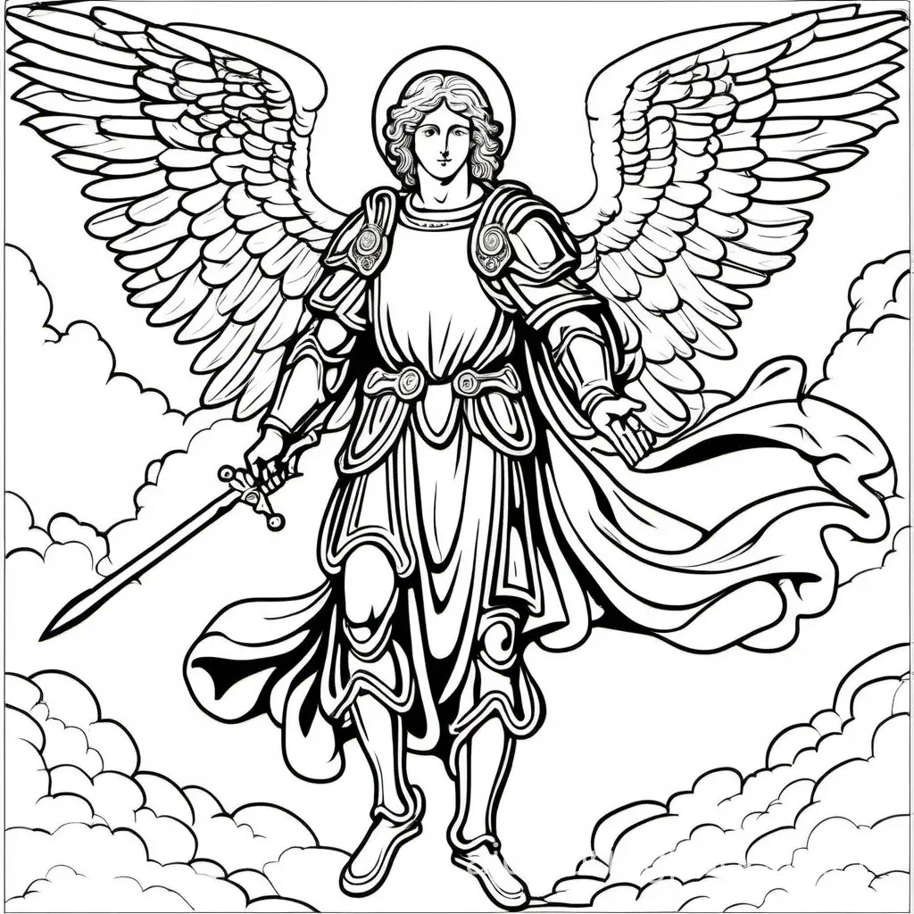 Archangel Michael descended from heavens full picture , Coloring Page, black and white, line art, white background, Simplicity, Ample White Space. The background of the coloring page is plain white to make it easy for young children to color within the lines. The outlines of all the subjects are easy to distinguish, making it simple for kids to color without too much difficulty