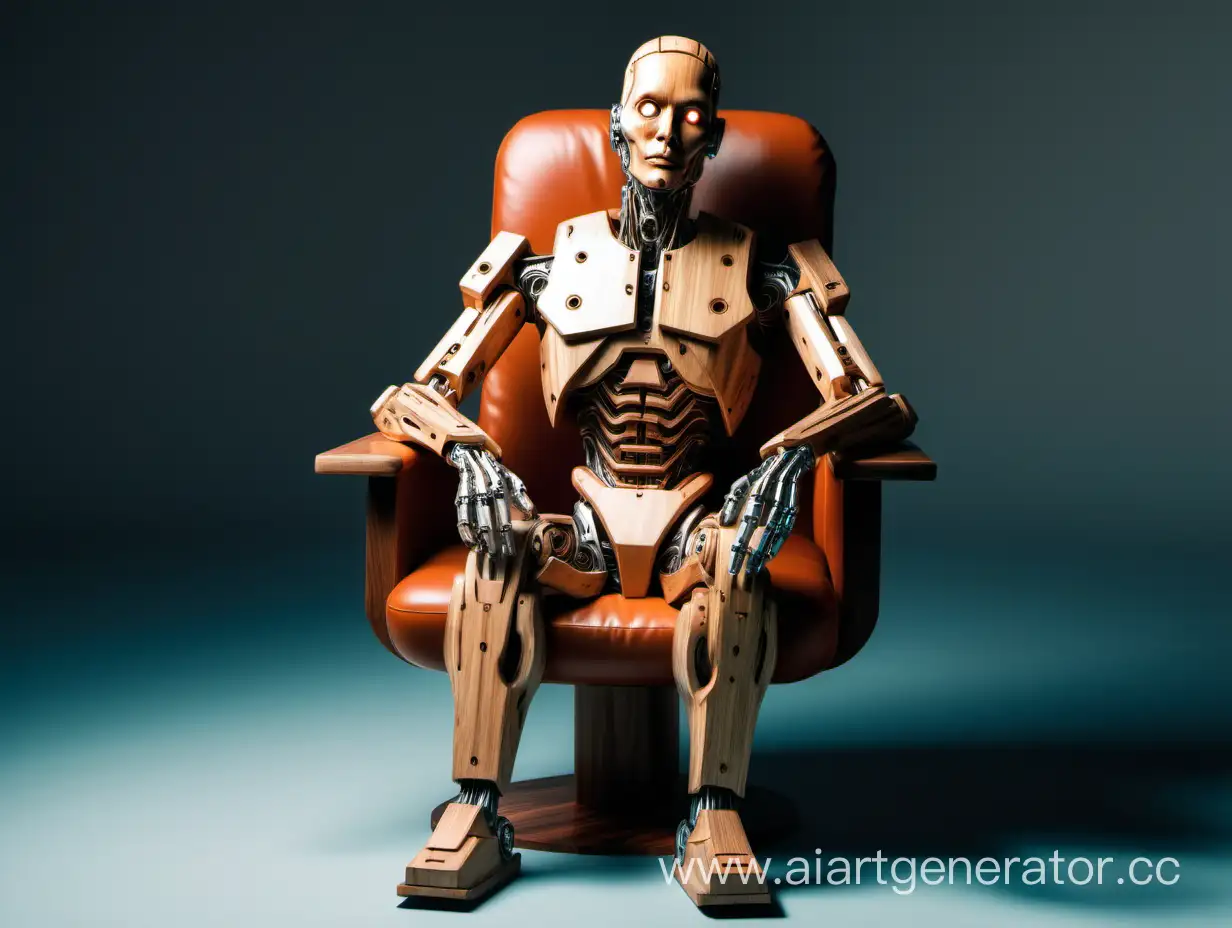 психолог-киборг из древесины сидит в удобном кресле полубоком и смотрит мне в душу